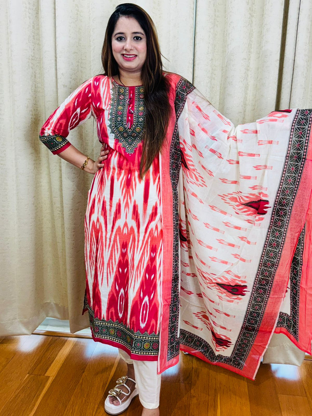 BEBO | Ethnic Red Ikat Printed Coordset | Designer Kurta Pant Dupatta Set for Women