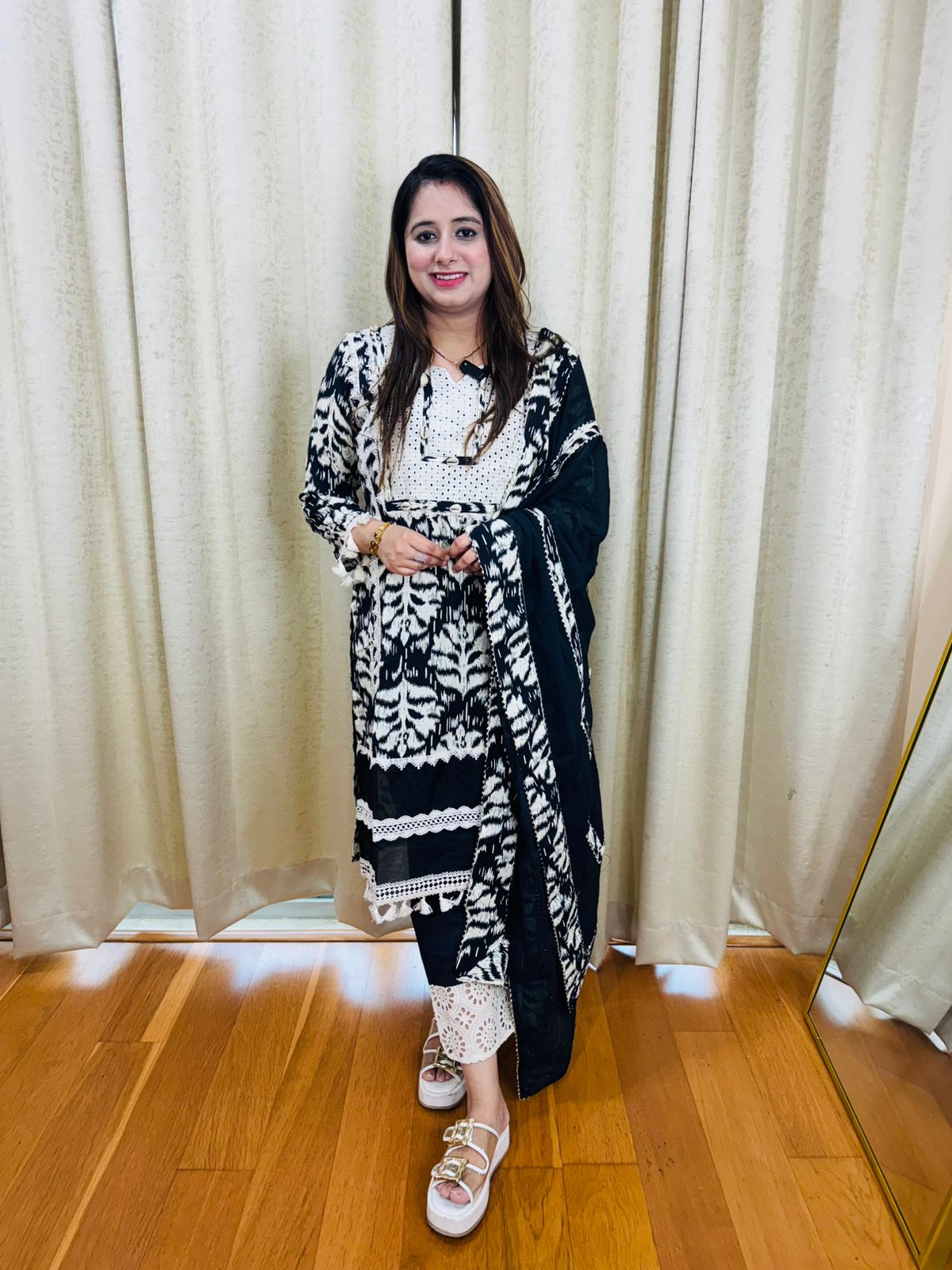 AKSHITA | Ethnic Black White Block Print Coordset | Kurta Pant Dupatta Set with Lace Edges