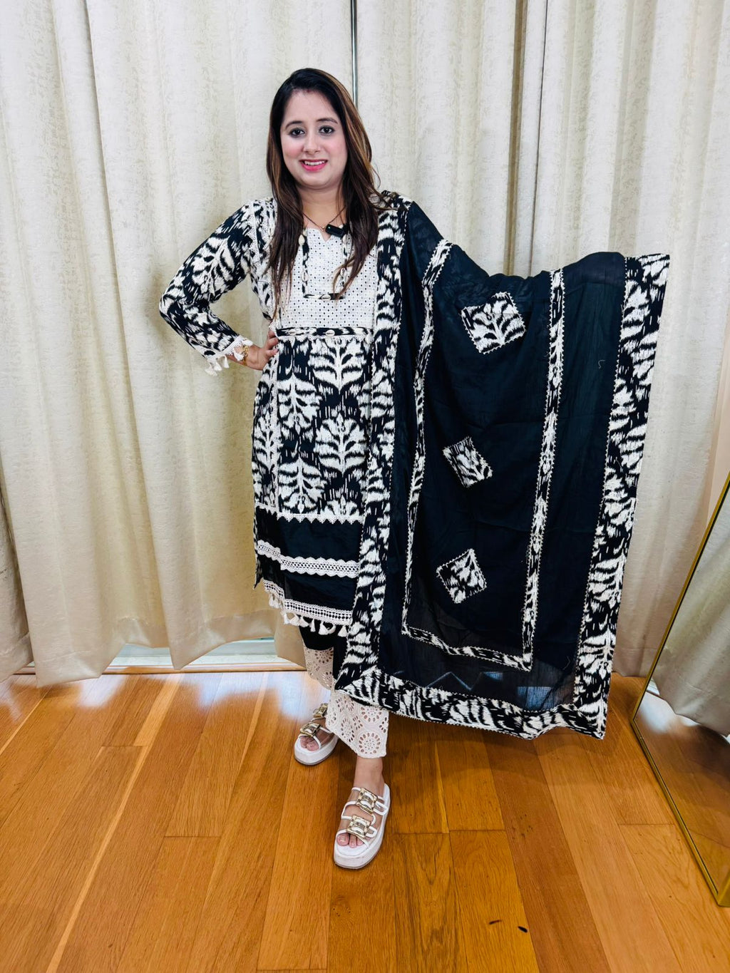 AKSHITA | Ethnic Black White Block Print Coordset | Kurta Pant Dupatta Set with Lace Edges