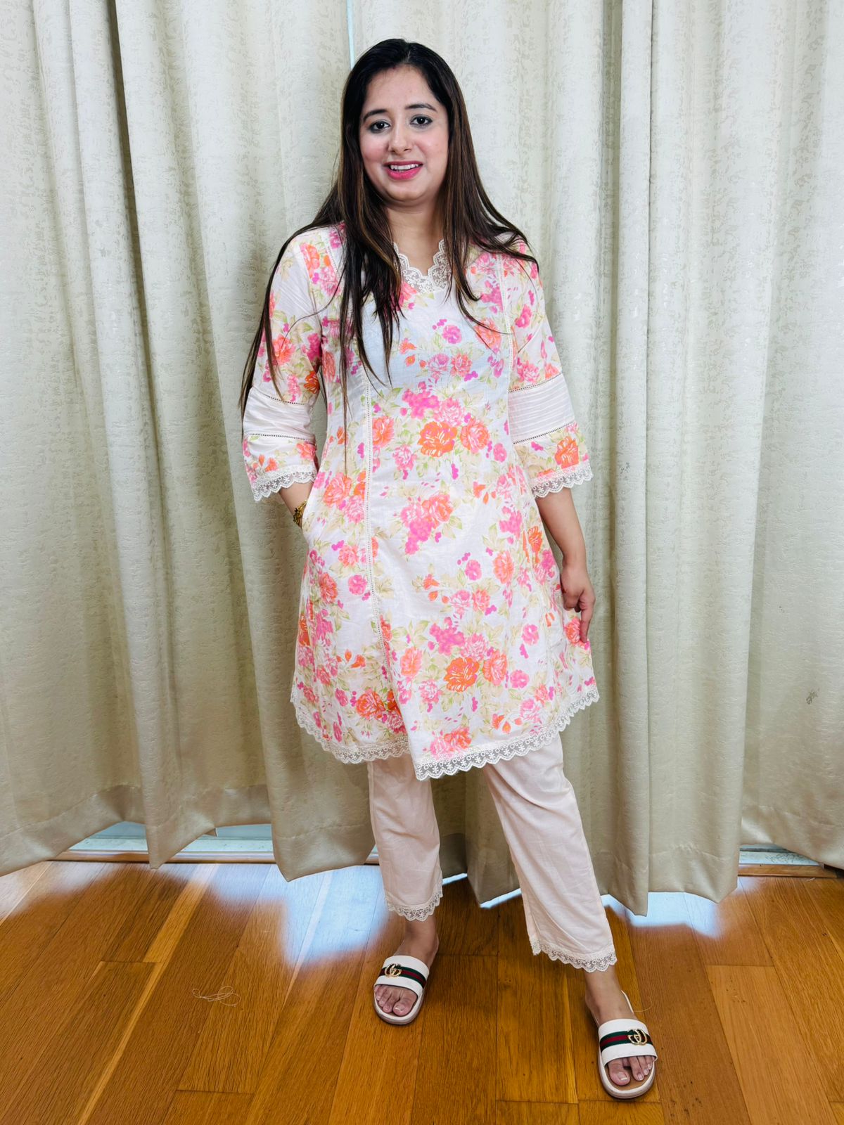 FLORA | Summer Floral Coordset for Women | White Pink Printed Kurta Pants with Lace Trim