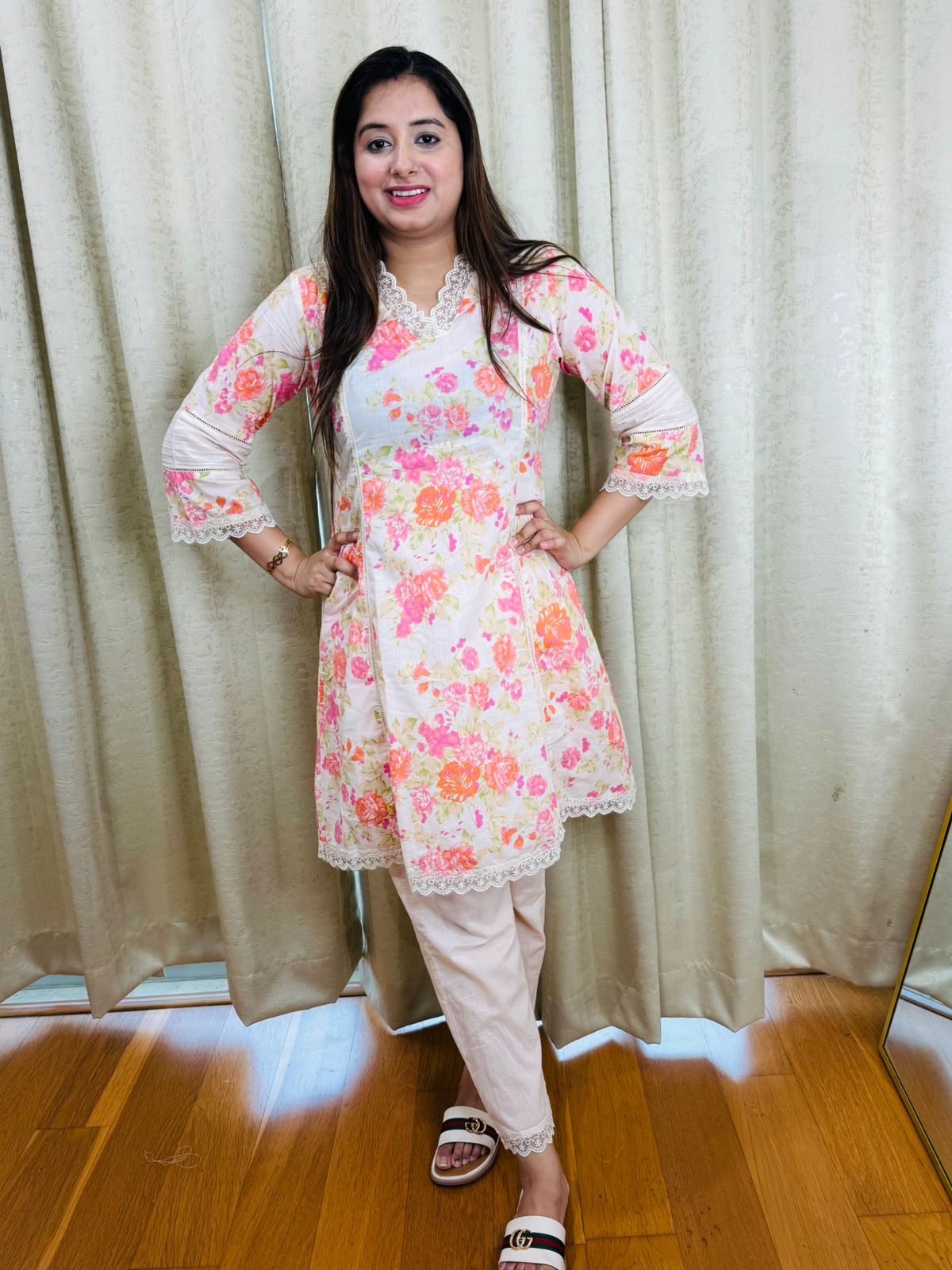 FLORA | Summer Floral Coordset for Women | White Pink Printed Kurta Pants with Lace Trim