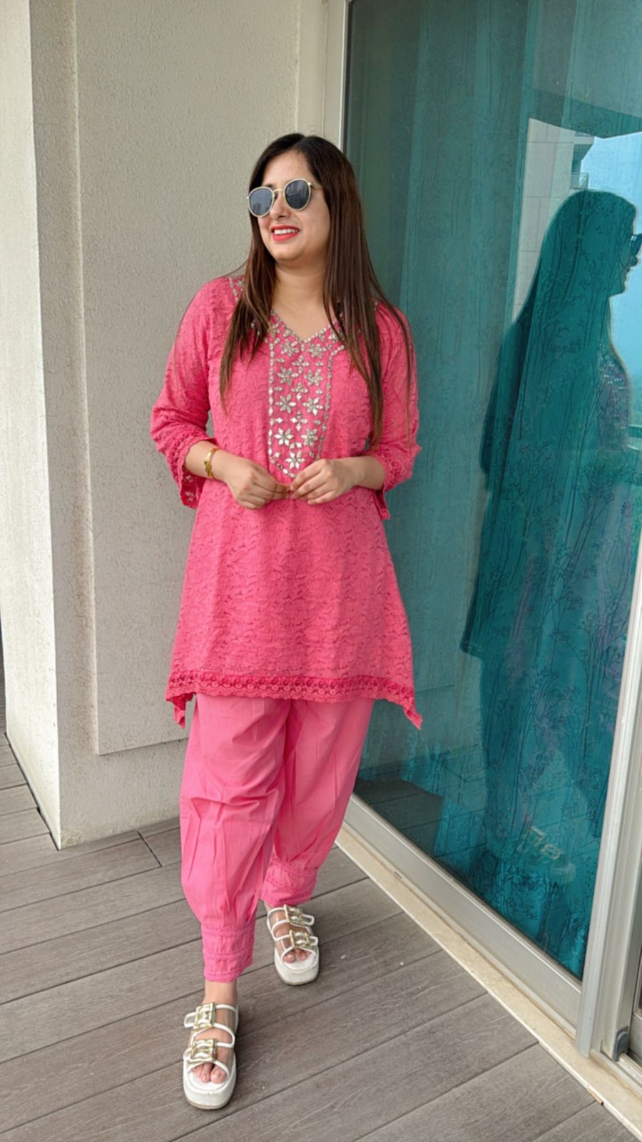 BARBIE | Designer Pink Mirror Work Coordset | Embroidered Kurta Palazzo for Women