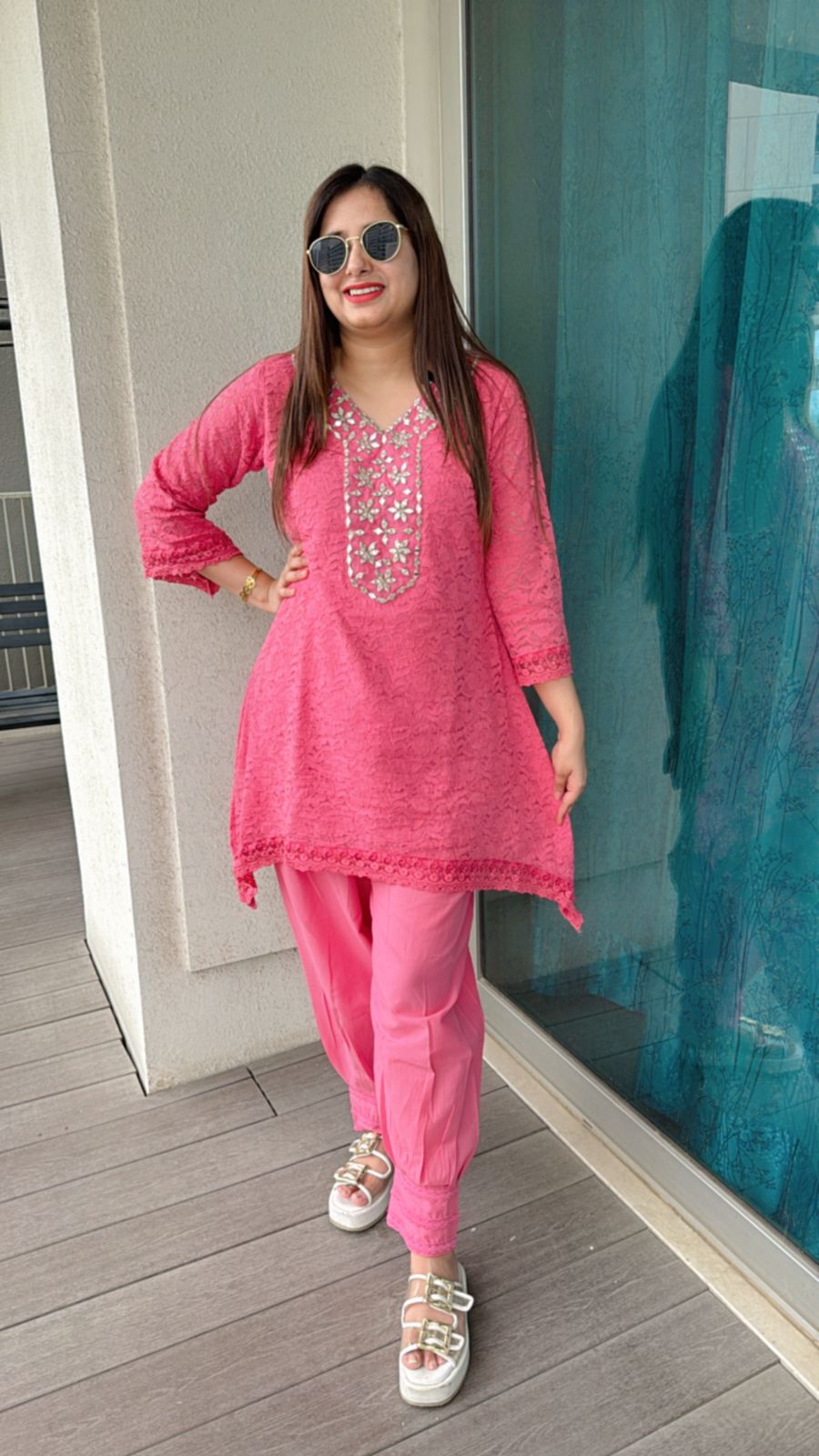 BARBIE | Designer Pink Mirror Work Coordset | Embroidered Kurta Palazzo for Women