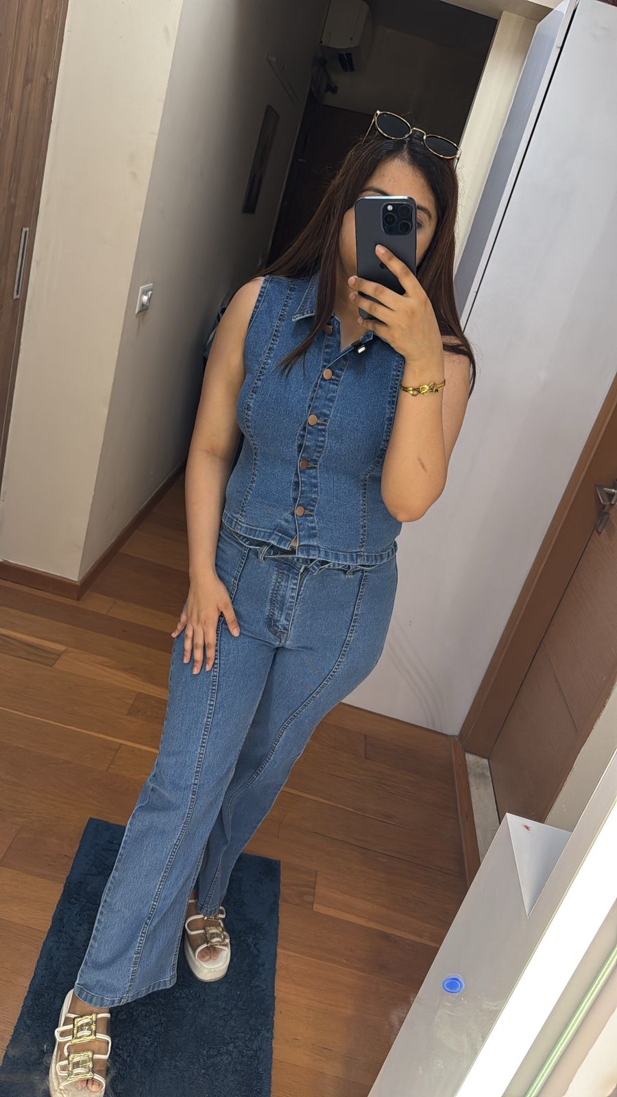 DENIM COORDS | Trendy Light Blue Denim Coordset | Sleeveless Button-Up Top & High Waist Jeans