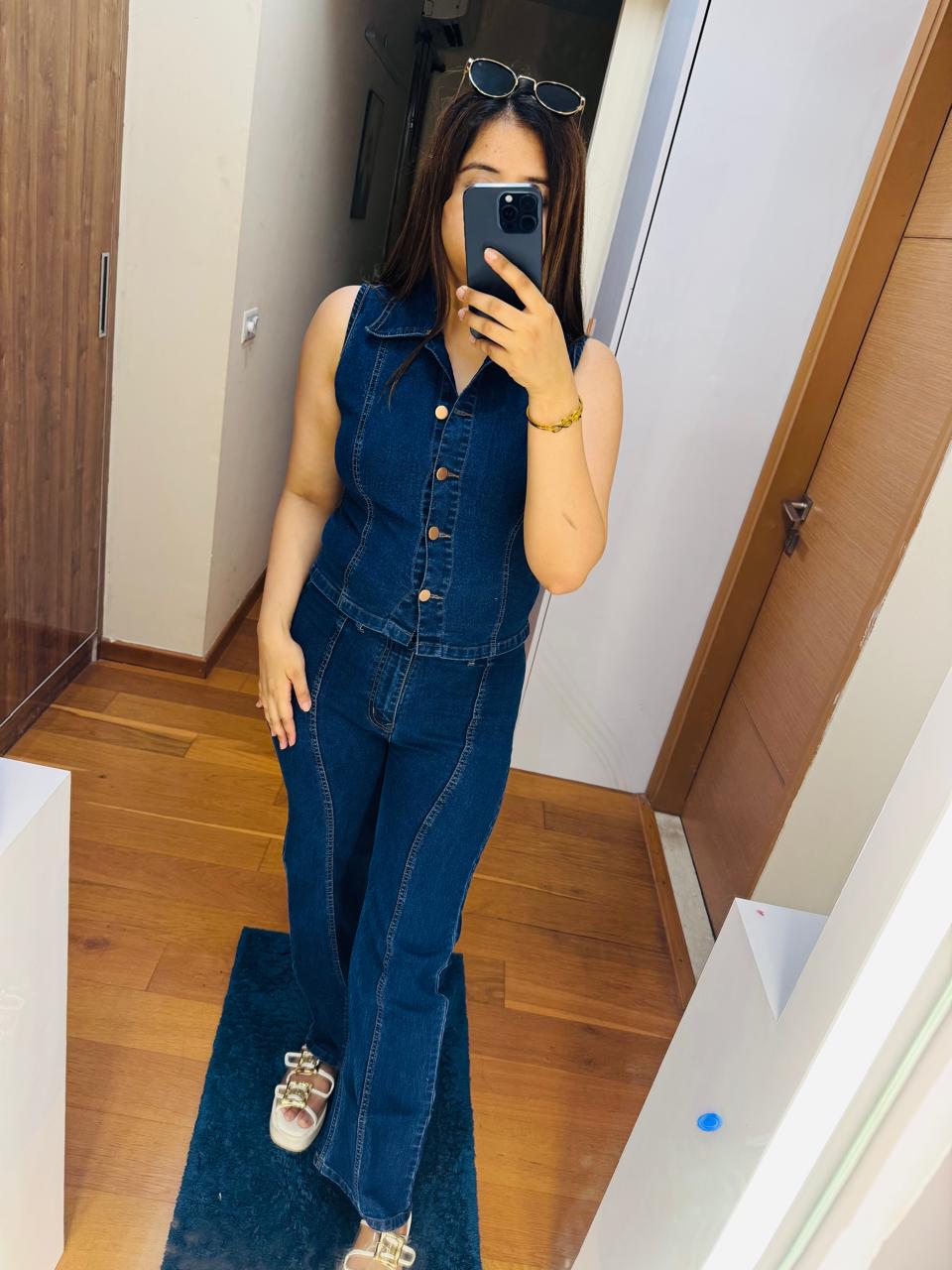 DENIM COORDS | Trendy Dark Blue Denim Coordset | Sleeveless Button-Up Top & High Waist Jeans