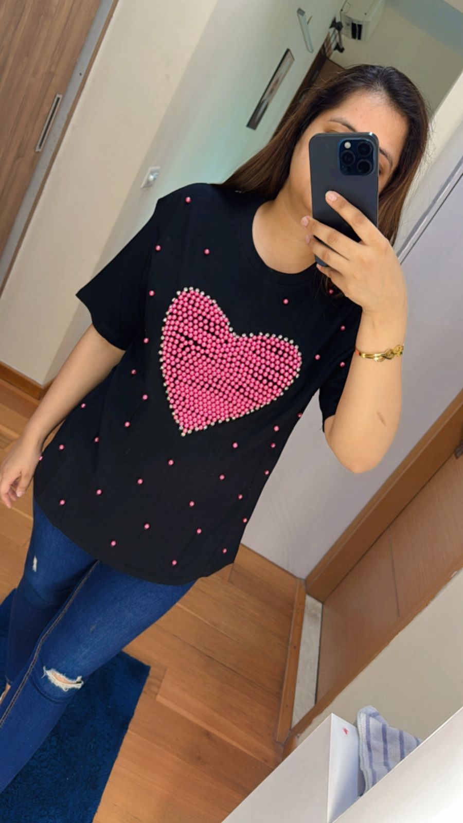 BOW TOP | Trendy Black Cotton Tee with Pink Heart | Women's Casual Embellished T-Shirt