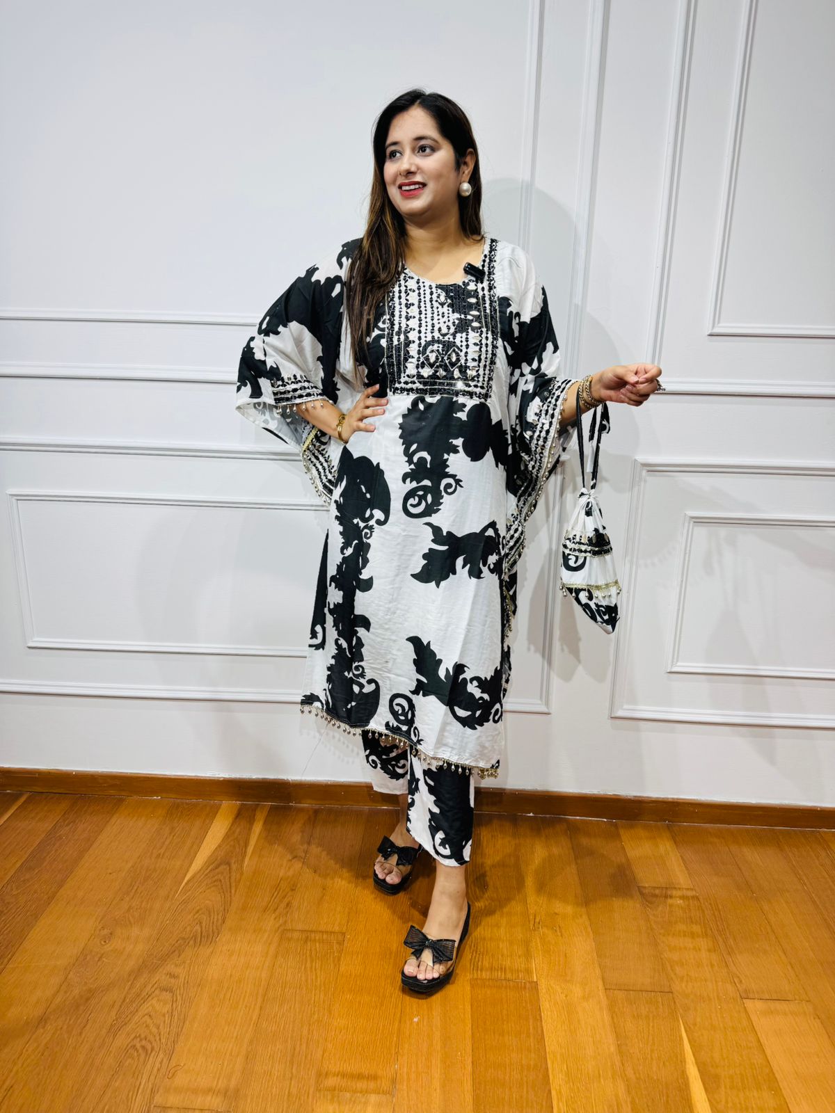 NEEMIII | Monochrome Designer Kurta Set | Black White Printed Ethnic Pant Coordset
