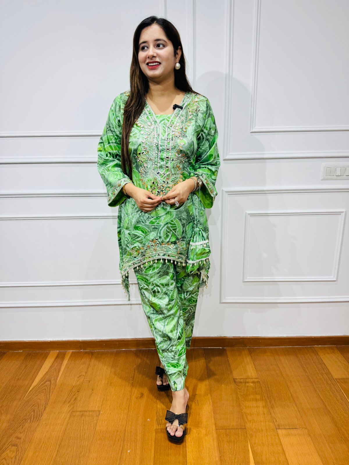 FIZAA | Vibrant Green Leafy Pattern Coordset | Embroidered Kurta Pant Suit for Women