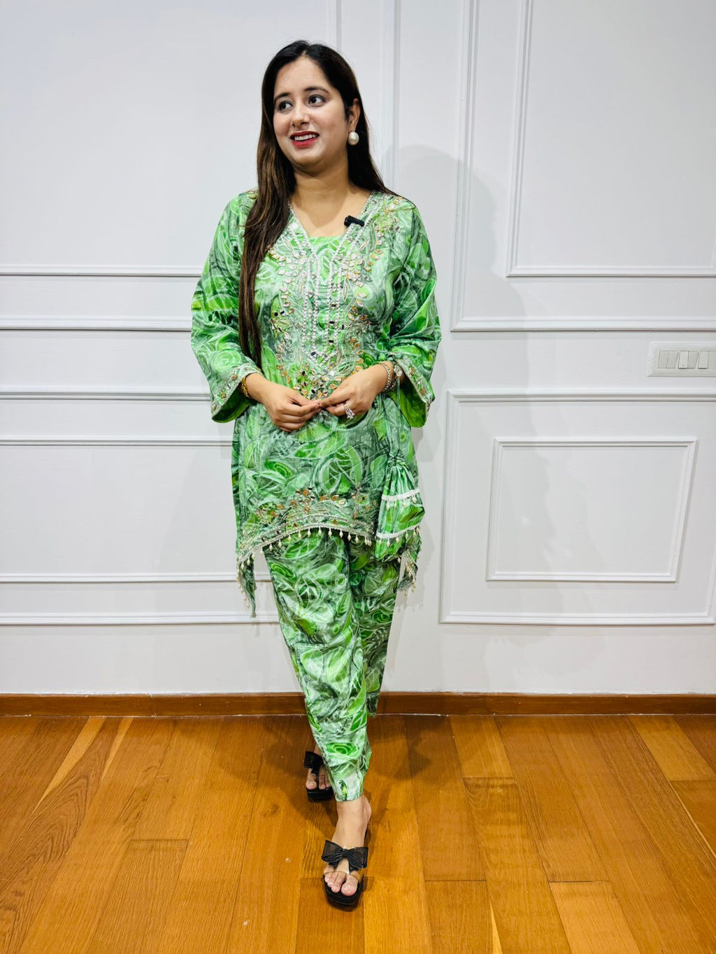 FIZAA | Vibrant Green Leafy Pattern Coordset | Embroidered Kurta Pant Suit for Women