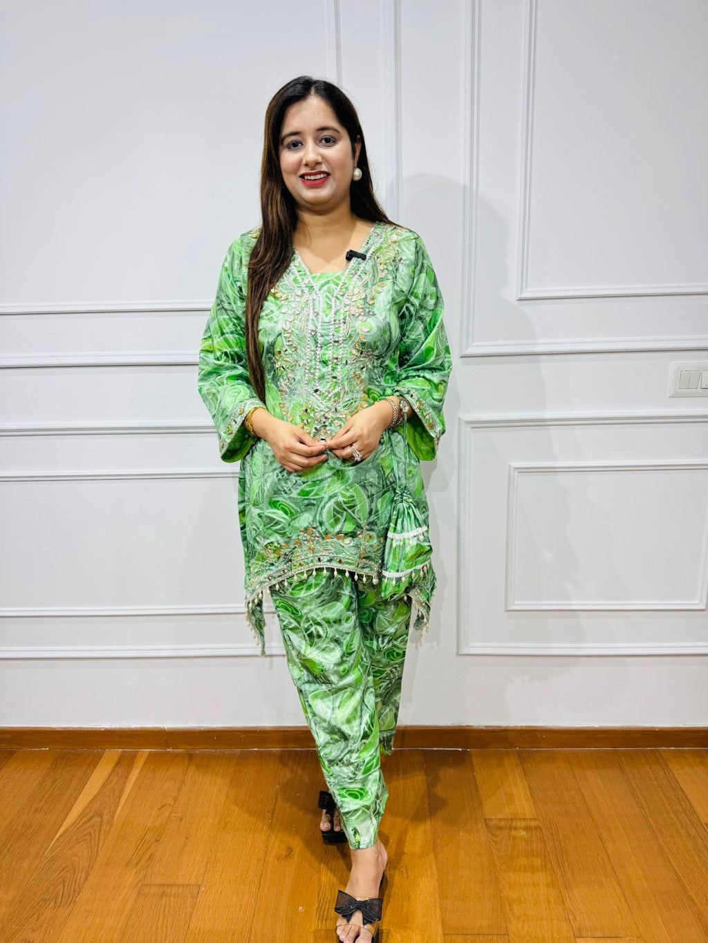 FIZAA | Vibrant Green Leafy Pattern Coordset | Embroidered Kurta Pant Suit for Women