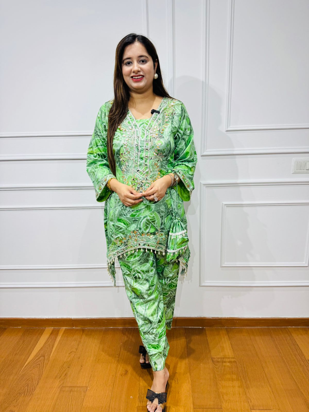 FIZAA | Vibrant Green Leafy Pattern Coordset | Embroidered Kurta Pant Suit for Women