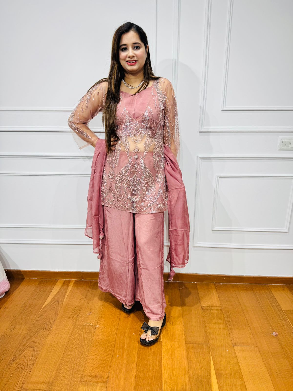 VRAMIKA | Elegant Mauve Pink Kurta Palazzo | Embroidered Sheer Sleeve Coordset for Women