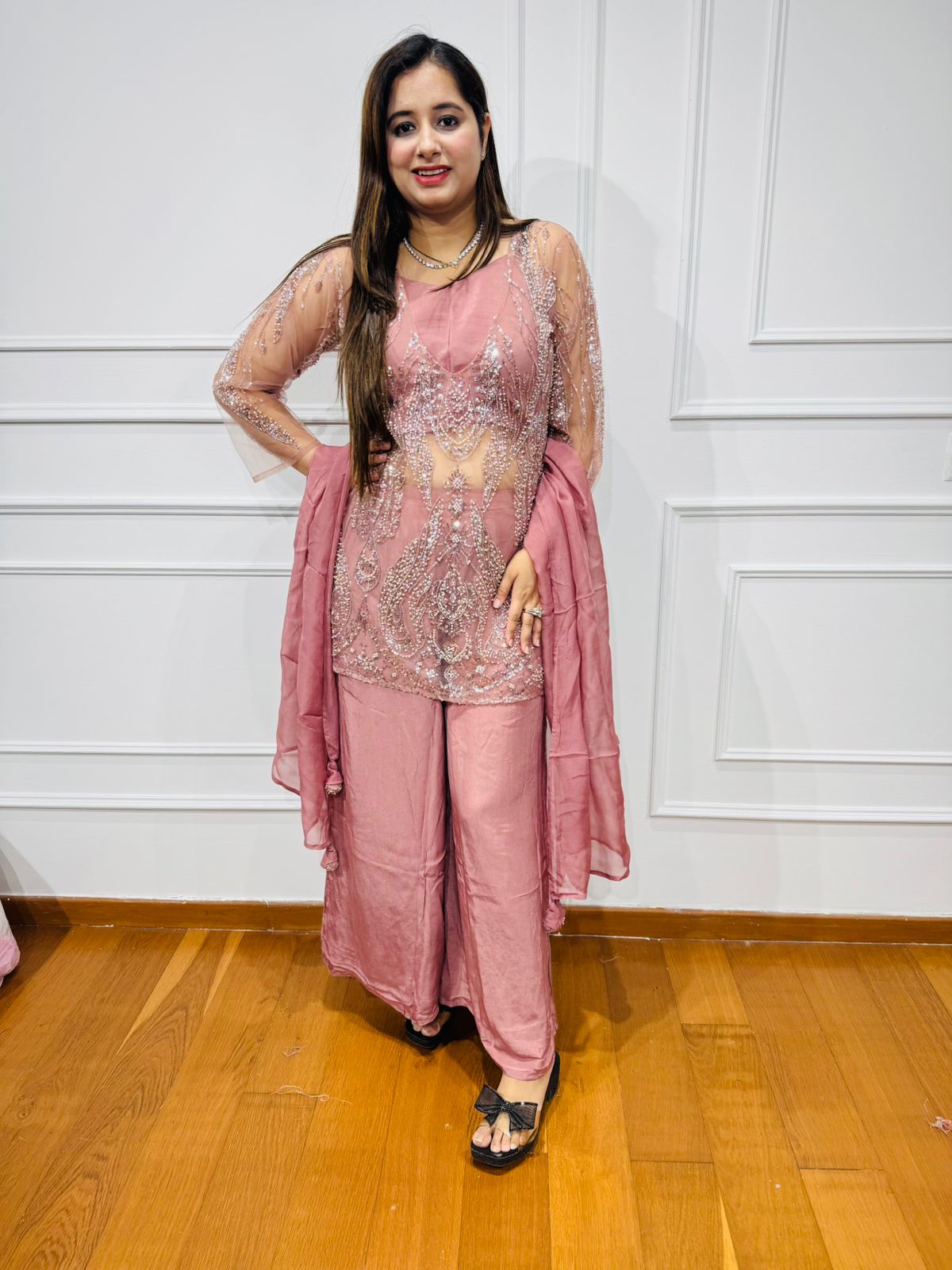 VRAMIKA | Elegant Mauve Pink Kurta Palazzo | Embroidered Sheer Sleeve Coordset for Women