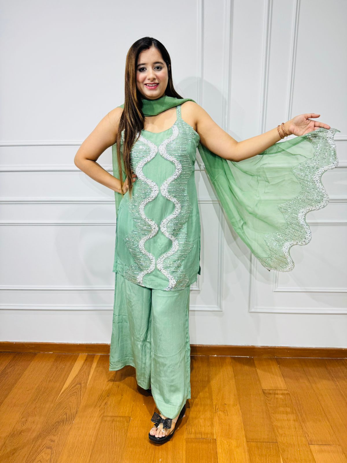 RAMINA | Chic Mint Green Palazzo Set | Embroidered Kurta & Dupatta Coordset for Women