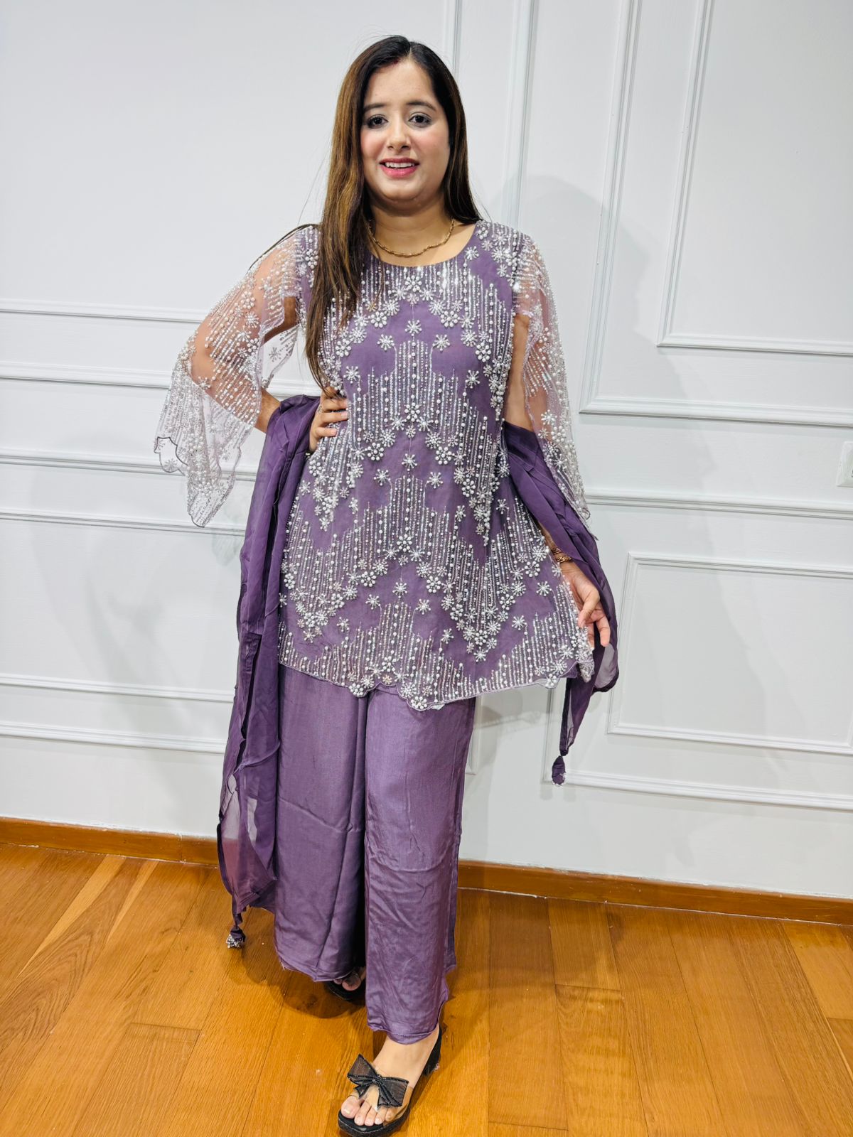 AAIMA | Elegant Purple Kurta Palazzo Set | Embroidered Coordset with Sheer Net Sleeves