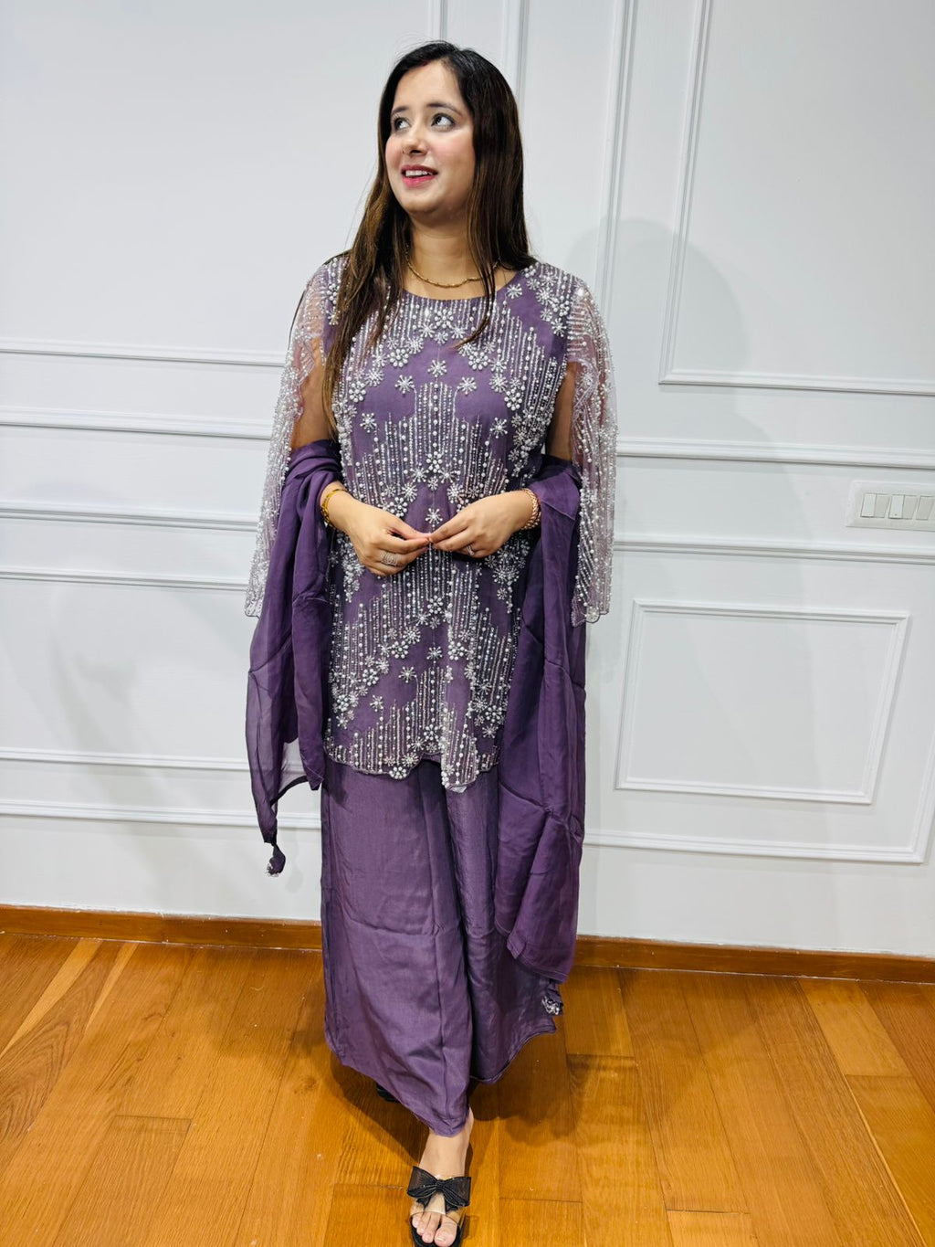 AAIMA | Elegant Purple Kurta Palazzo Set | Embroidered Coordset with Sheer Net Sleeves