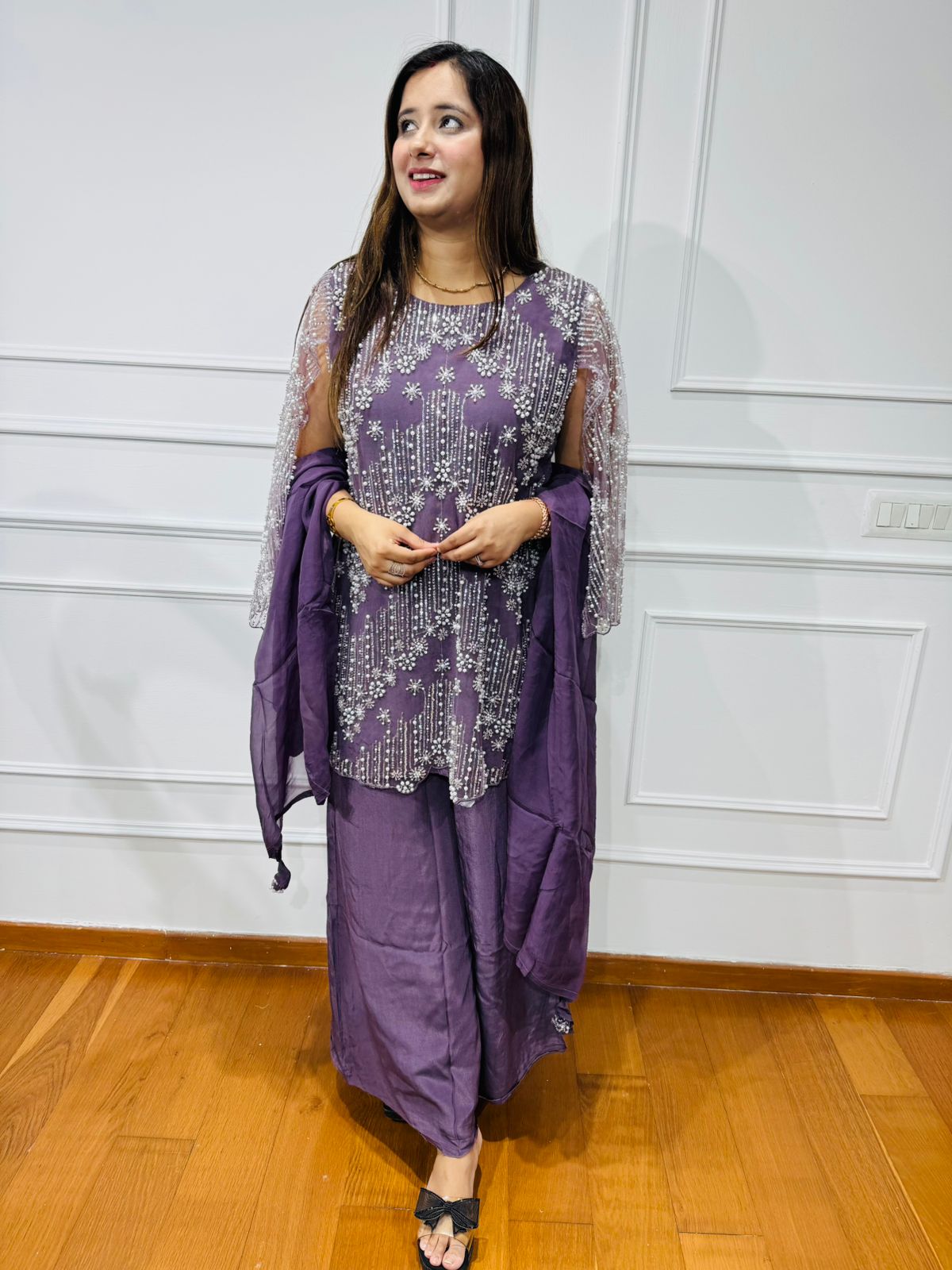 AAIMA | Elegant Purple Kurta Palazzo Set | Embroidered Coordset with Sheer Net Sleeves
