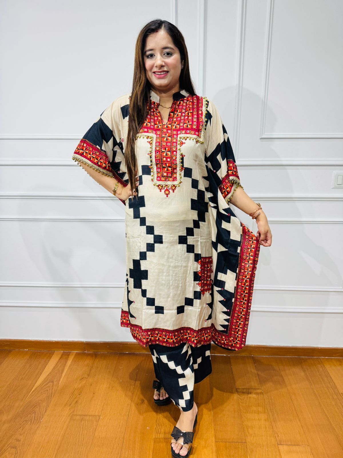 RABIA | Designer Ethnic Kaftan Kurta Set | Cream Black Geometric Print with Red Details