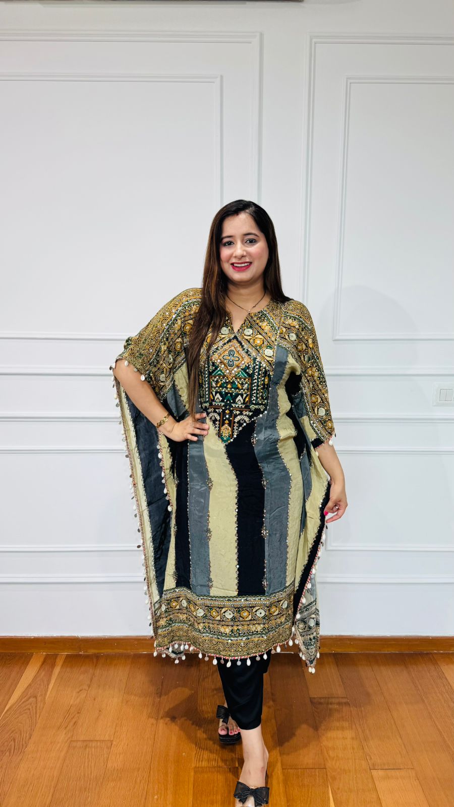 FARENA | Embroidered Kaftan Kurta Set for Women | Premium Black Beige Ethnic Suit