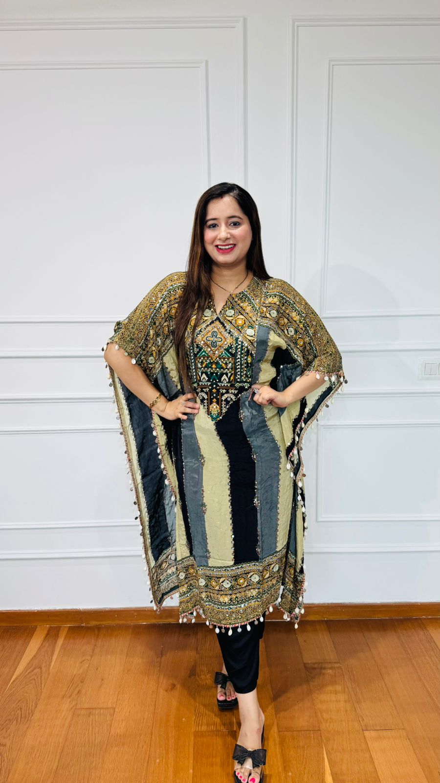 FARENA | Embroidered Kaftan Kurta Set for Women | Premium Black Beige Ethnic Suit