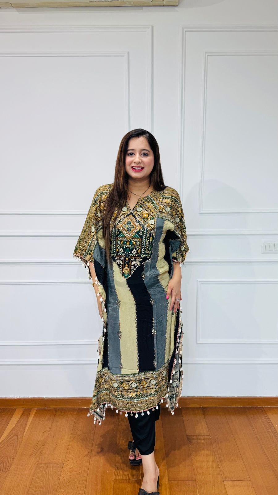 FARENA | Embroidered Kaftan Kurta Set for Women | Premium Black Beige Ethnic Suit