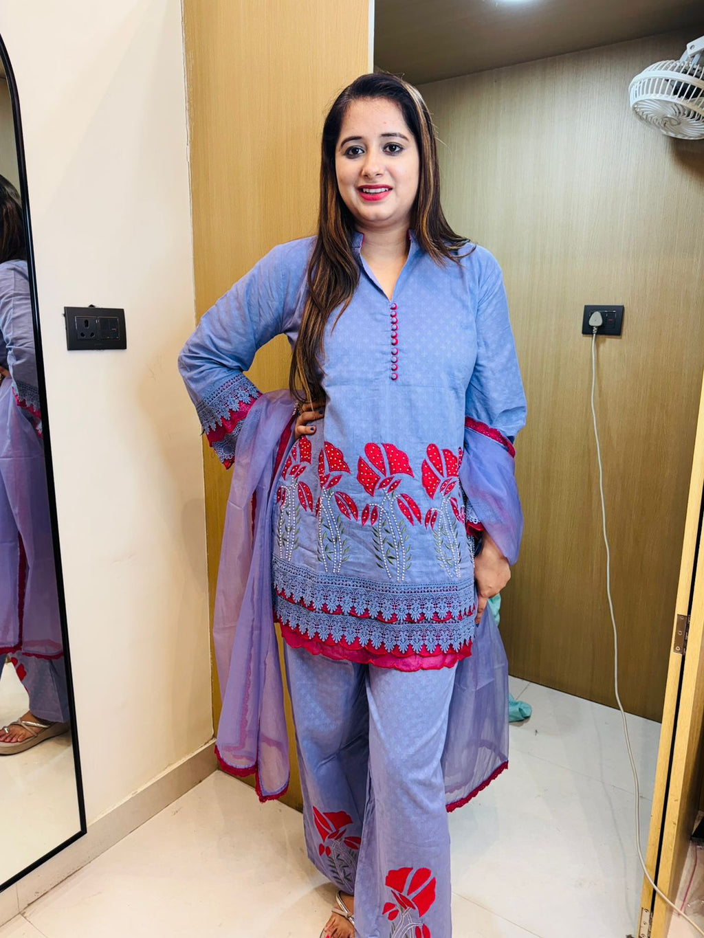 GULL | Premium Embroidered Blue Kurta Set | Red Floral Coordset for Women with Dupatta