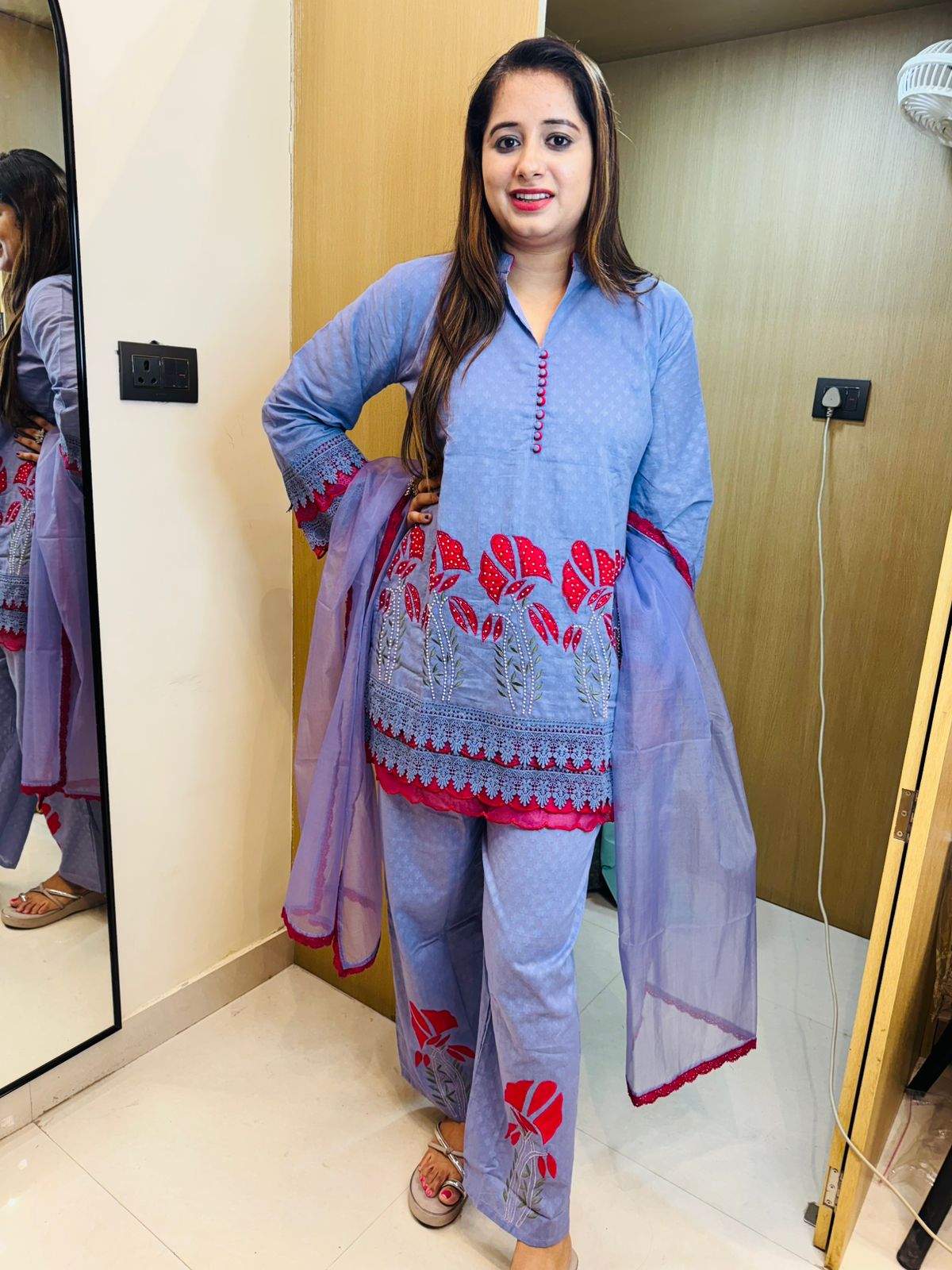 GULL | Premium Embroidered Blue Kurta Set | Red Floral Coordset for Women with Dupatta