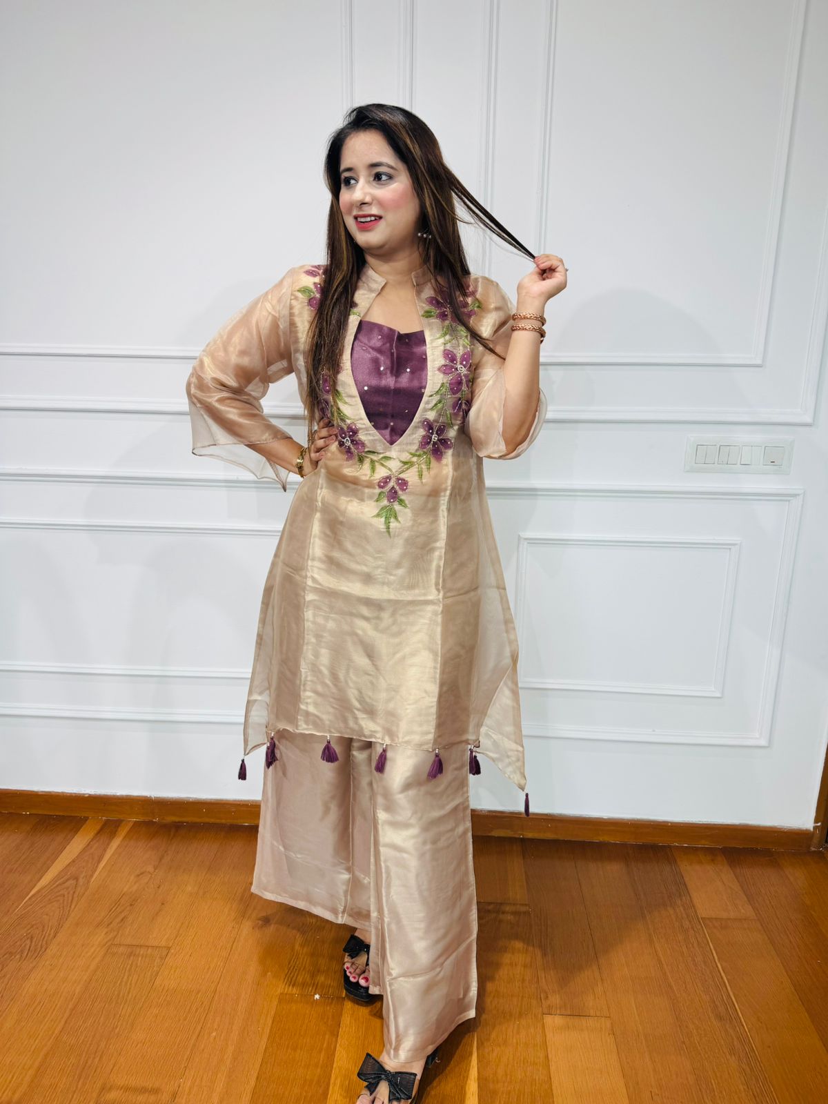 SHAFAQ | Champagne Sheer Organza Kurta Pant Set with Embroidery – Elegant Festive Designerwear