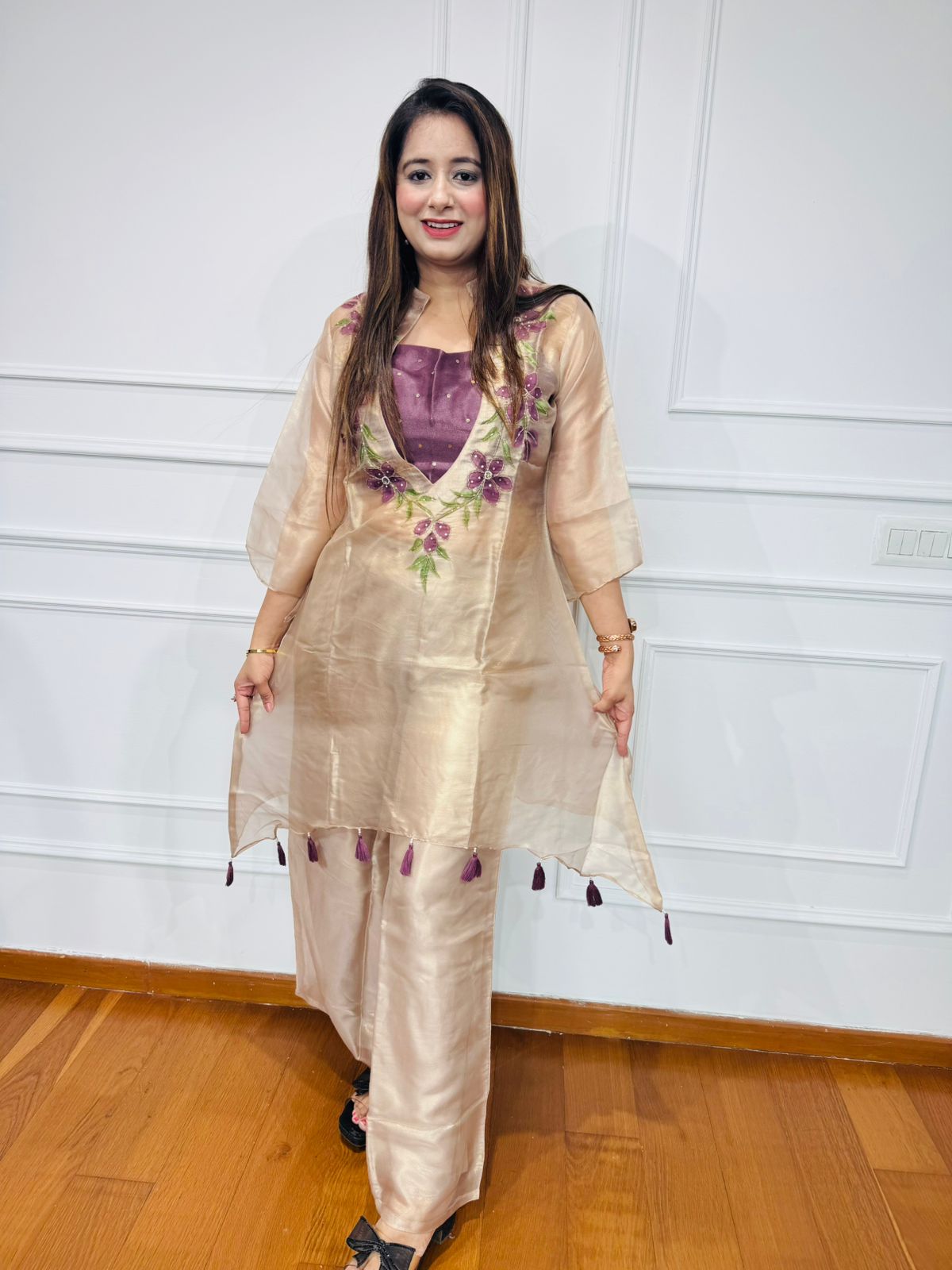 SHAFAQ | Champagne Sheer Organza Kurta Pant Set with Embroidery – Elegant Festive Designerwear