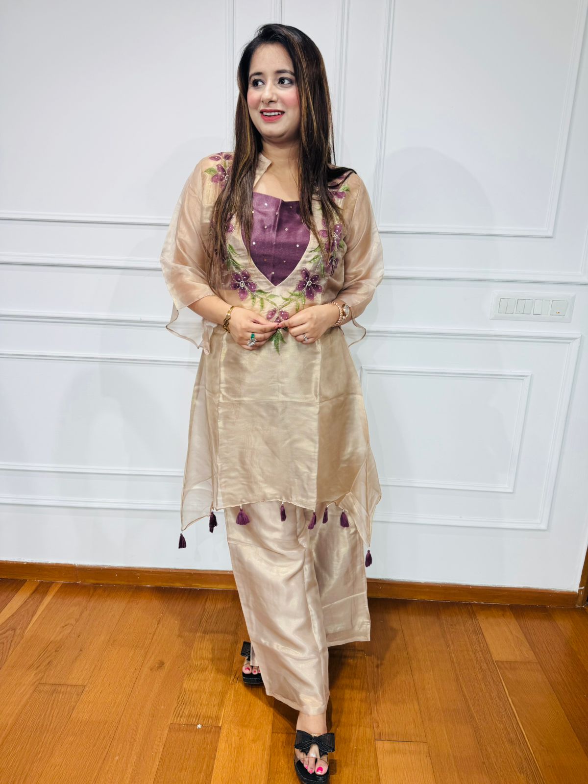 SHAFAQ | Champagne Sheer Organza Kurta Pant Set with Embroidery – Elegant Festive Designerwear