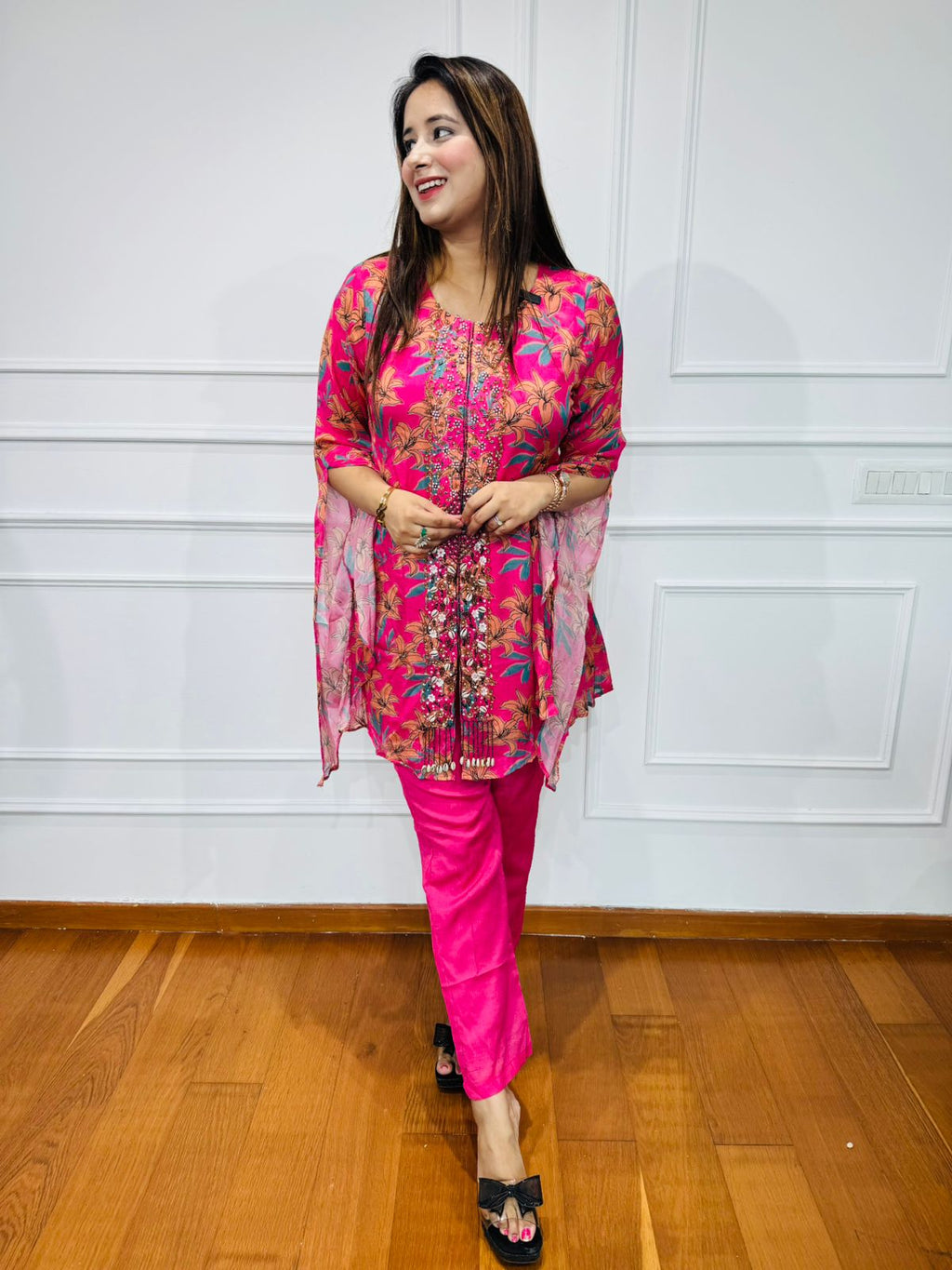 RANI | Pink Floral Kaftan Kurta Suit Set – Summer Designer Ethnic Collection