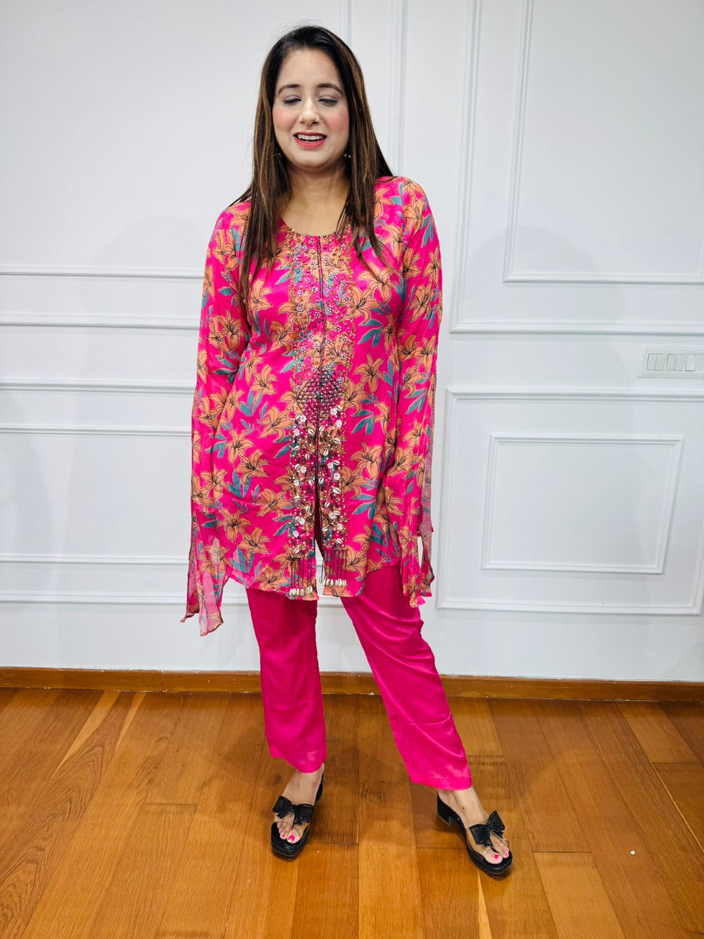 RANI | Pink Floral Kaftan Kurta Suit Set – Summer Designer Ethnic Collection