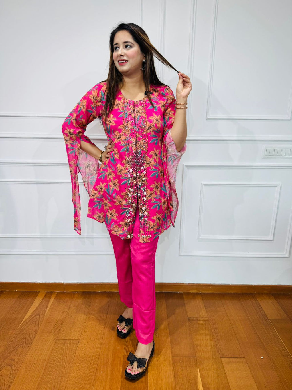RANI | Pink Floral Kaftan Kurta Suit Set – Summer Designer Ethnic Collection