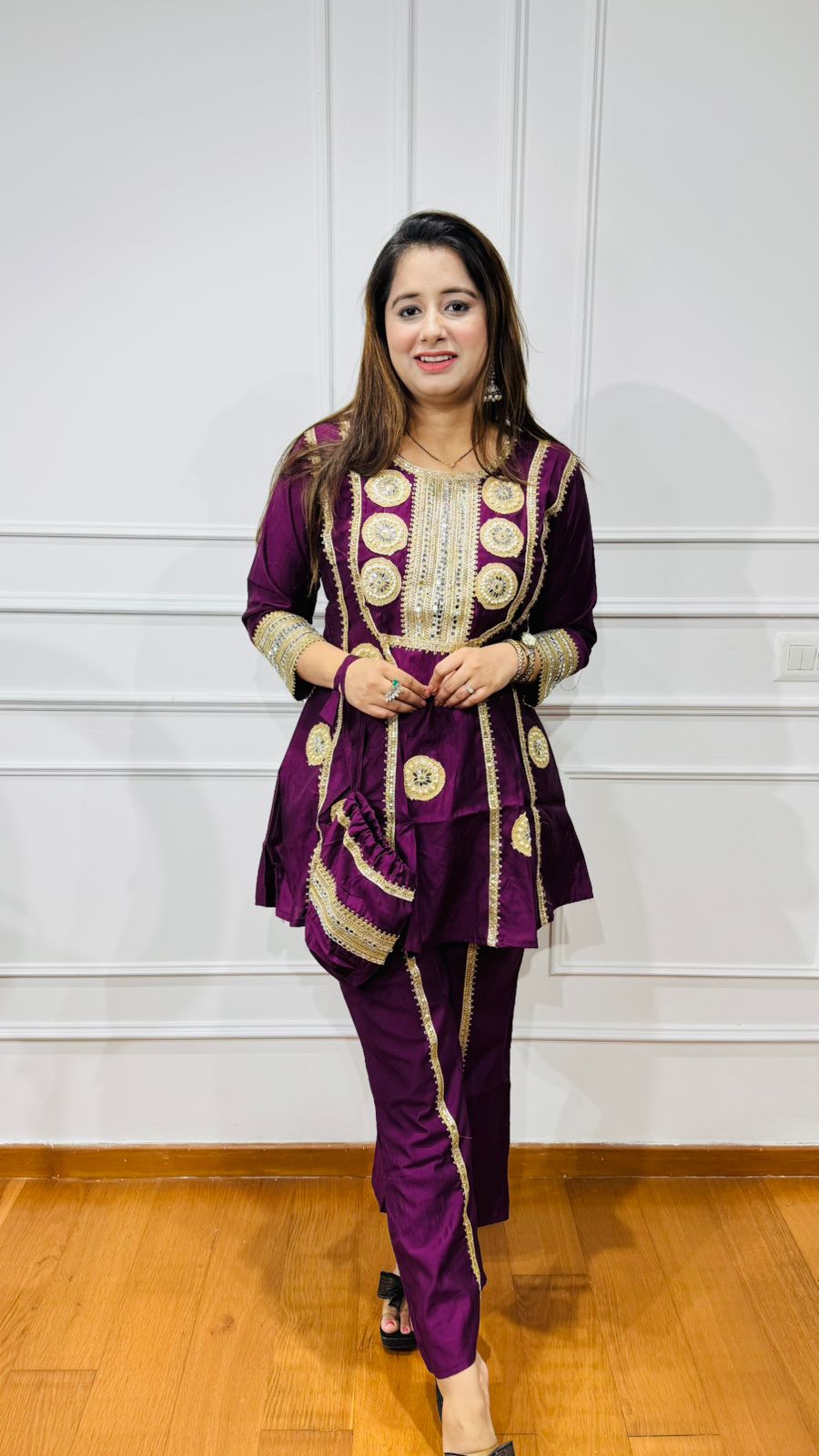 KAMNA | Wine Gota Patti Kurta Suit Set with Potli – Indian Festival Partywear