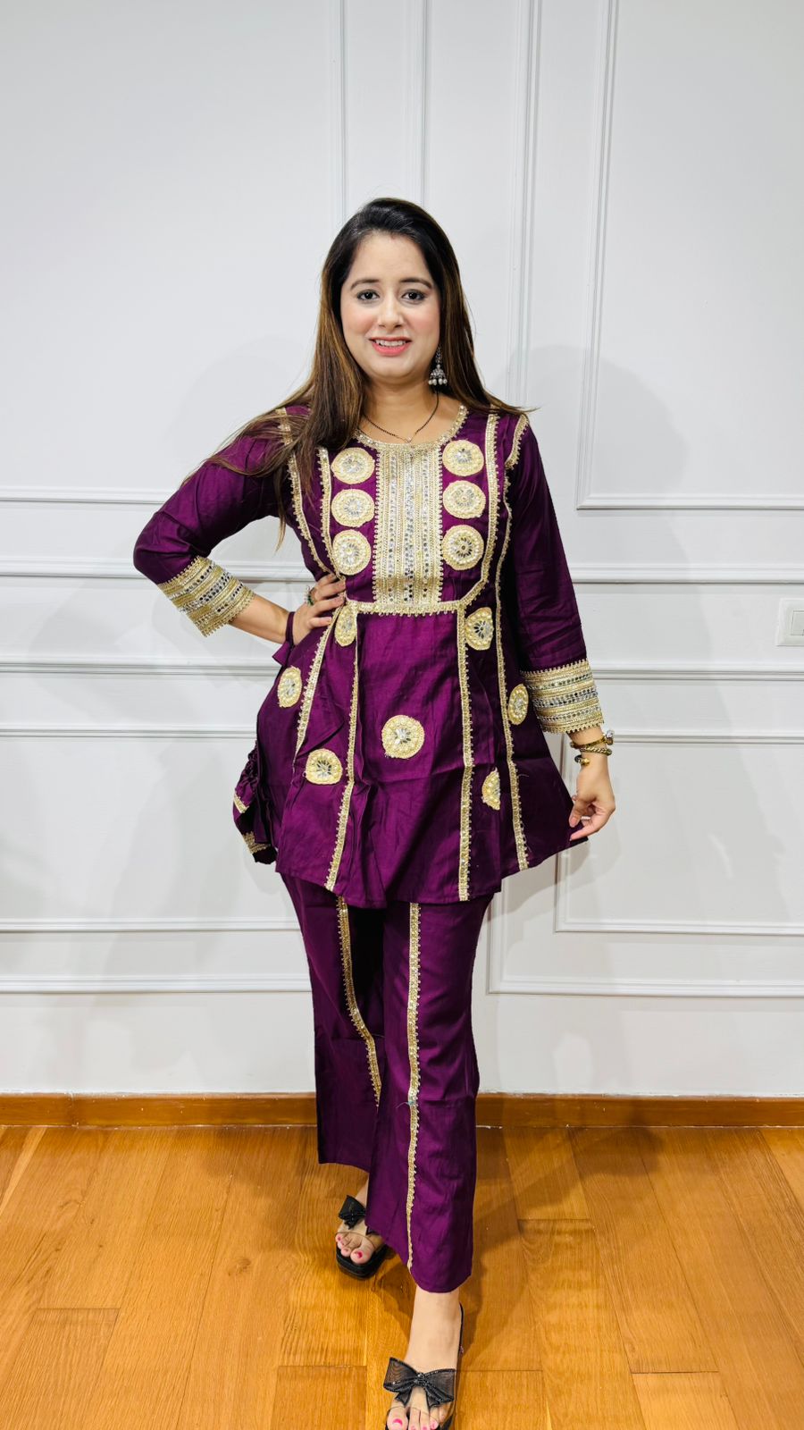 KAMNA | Wine Gota Patti Kurta Suit Set with Potli – Indian Festival Partywear