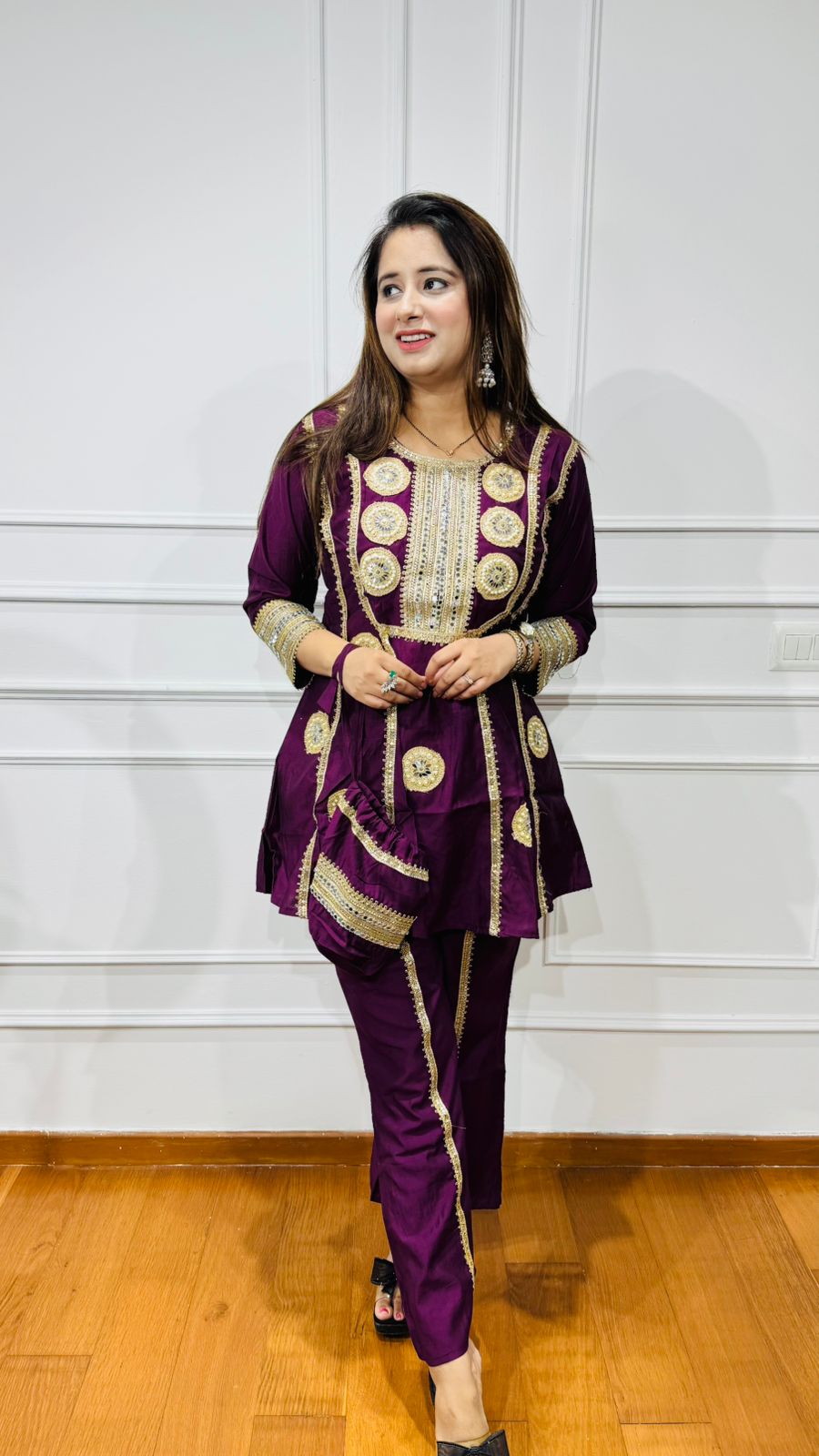 KAMNA | Wine Gota Patti Kurta Suit Set with Potli – Indian Festival Partywear