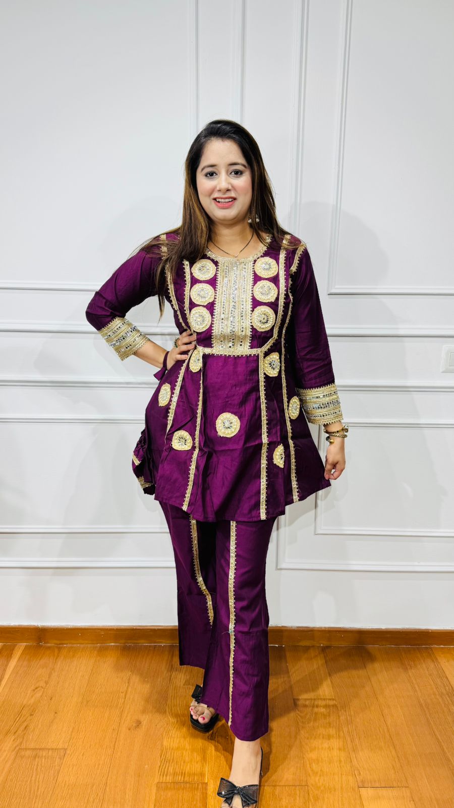 KAMNA | Wine Gota Patti Kurta Suit Set with Potli – Indian Festival Partywear