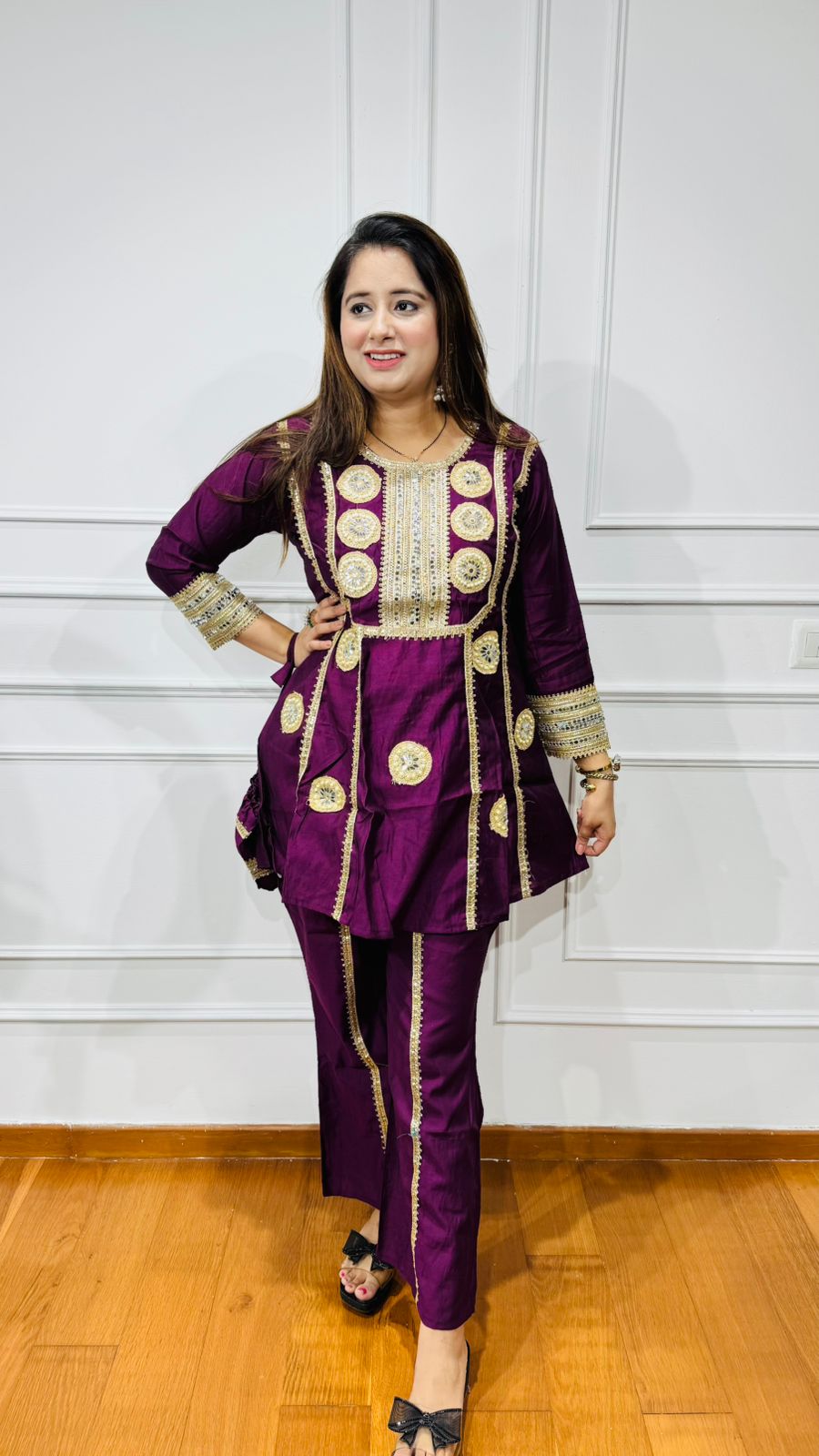KAMNA | Wine Gota Patti Kurta Suit Set with Potli – Indian Festival Partywear