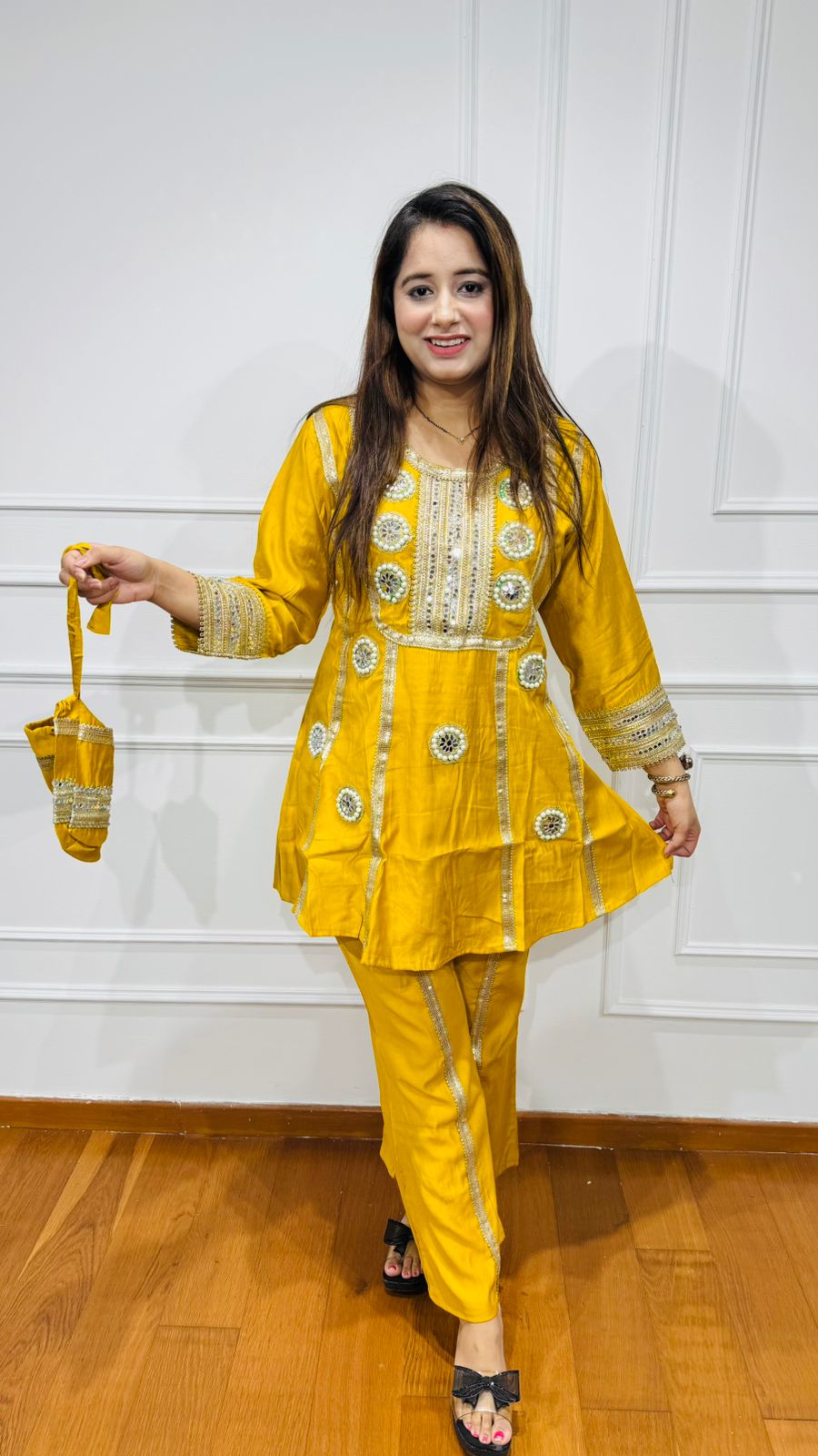 KAMNA | Yellow Gota Patti Kurta Suit Set with Potli – Indian Festival Partywear