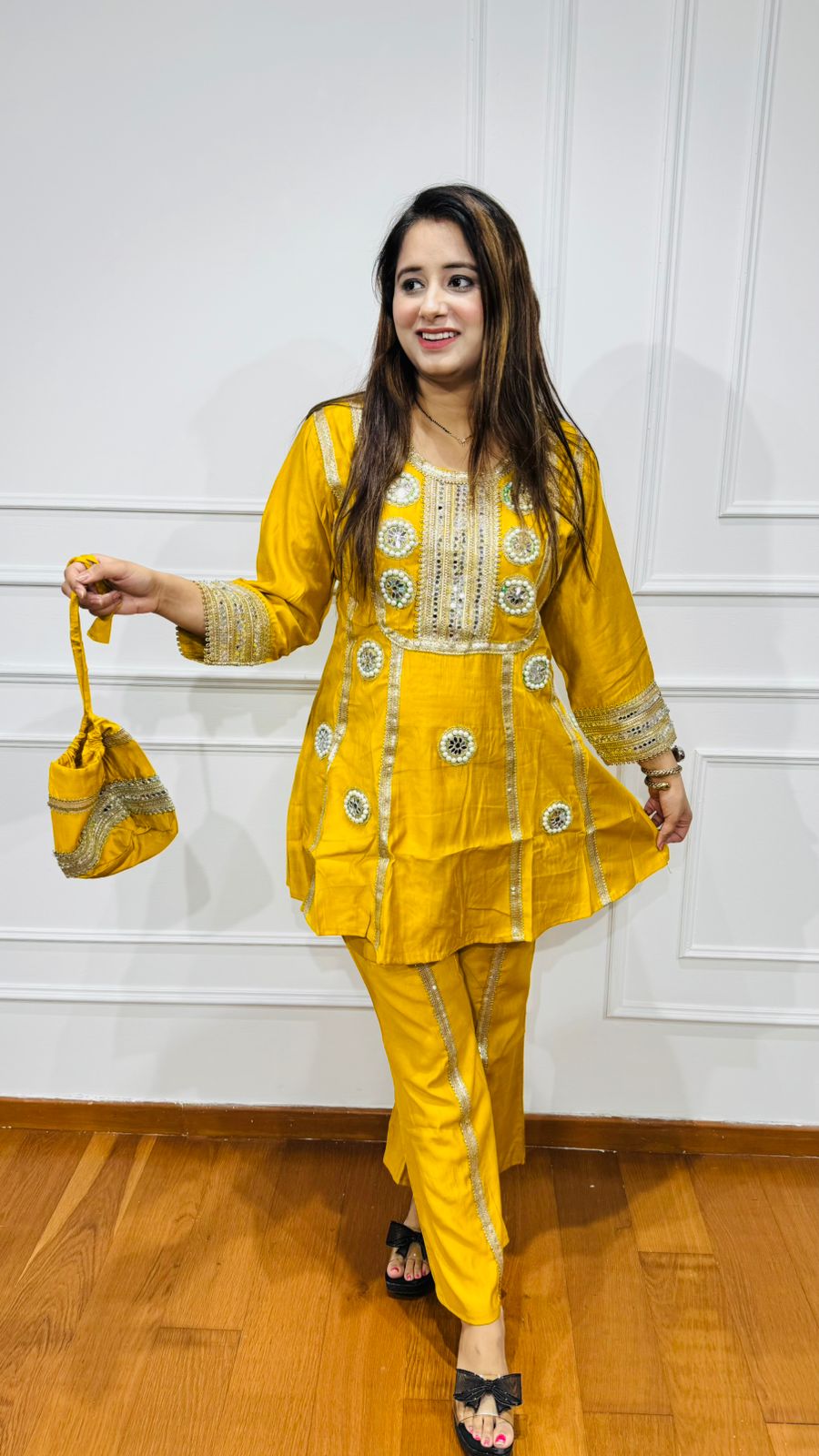 KAMNA | Yellow Gota Patti Kurta Suit Set with Potli – Indian Festival Partywear