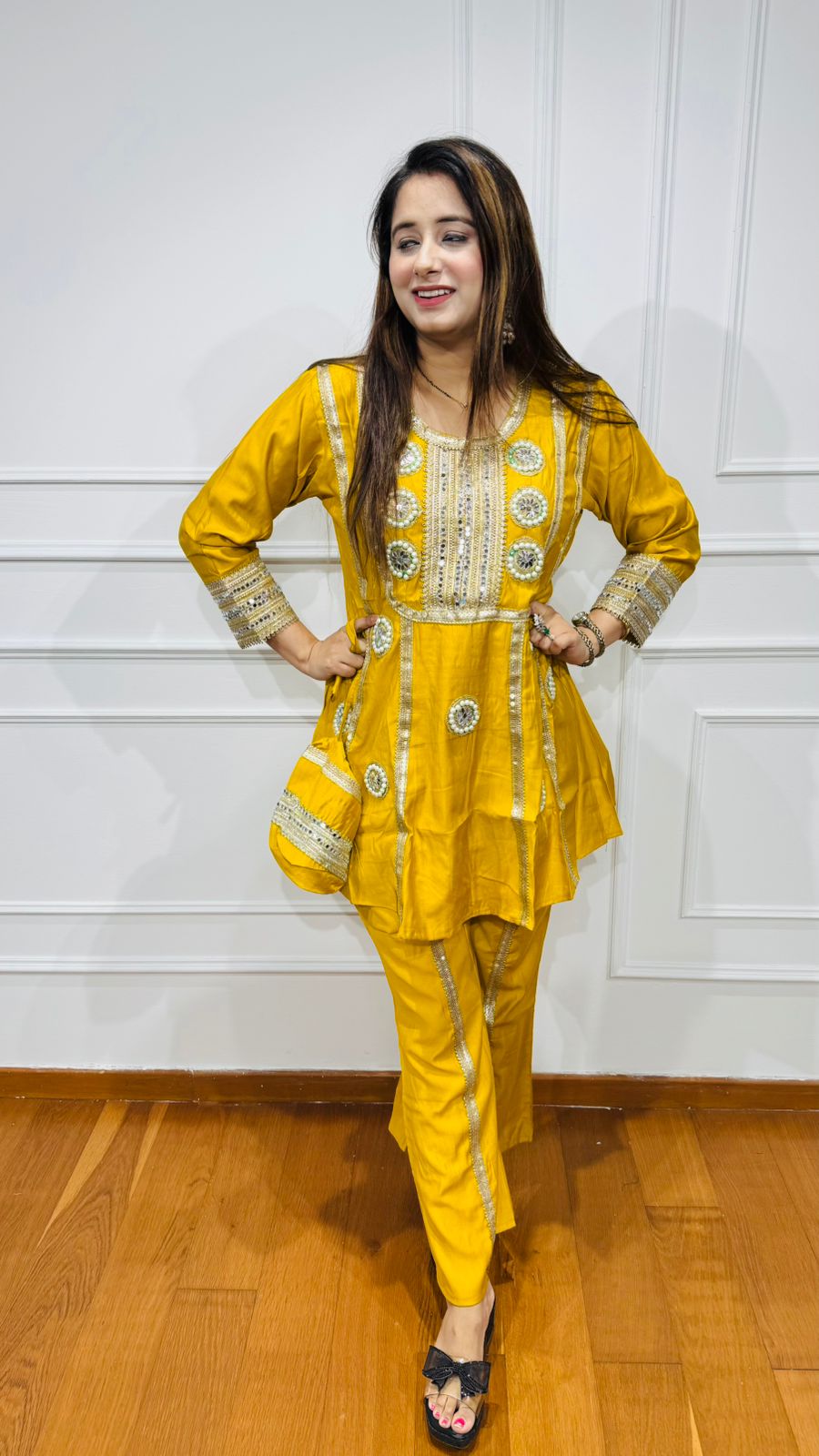 KAMNA | Yellow Gota Patti Kurta Suit Set with Potli – Indian Festival Partywear