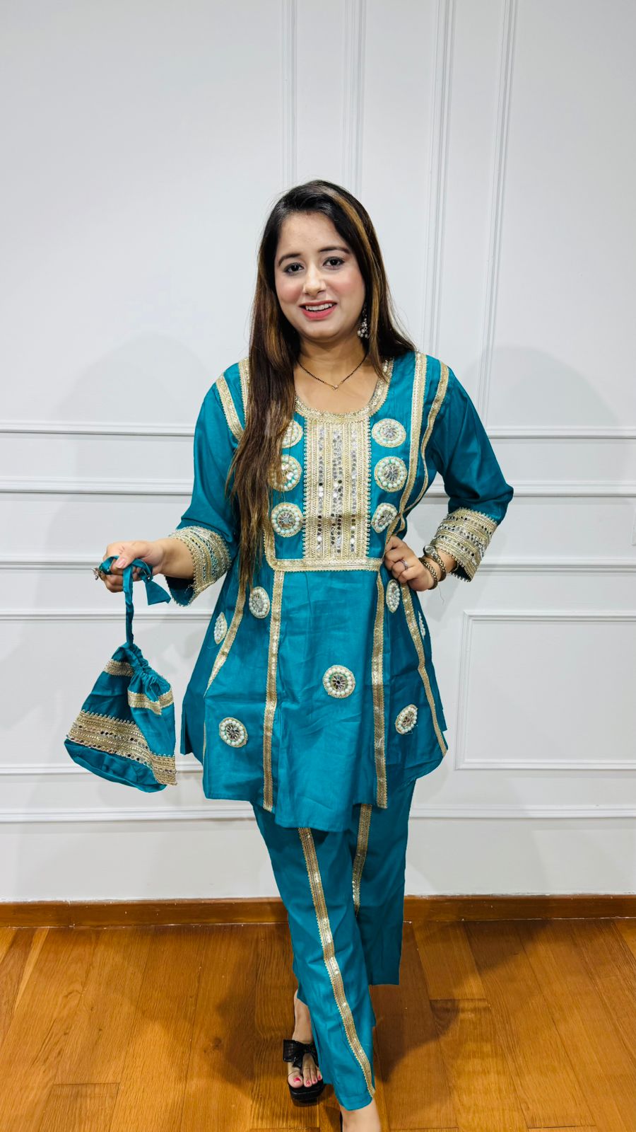 KAMNA | Teal Gota Patti Kurta Suit Set with Potli – Indian Festive Designer Wear