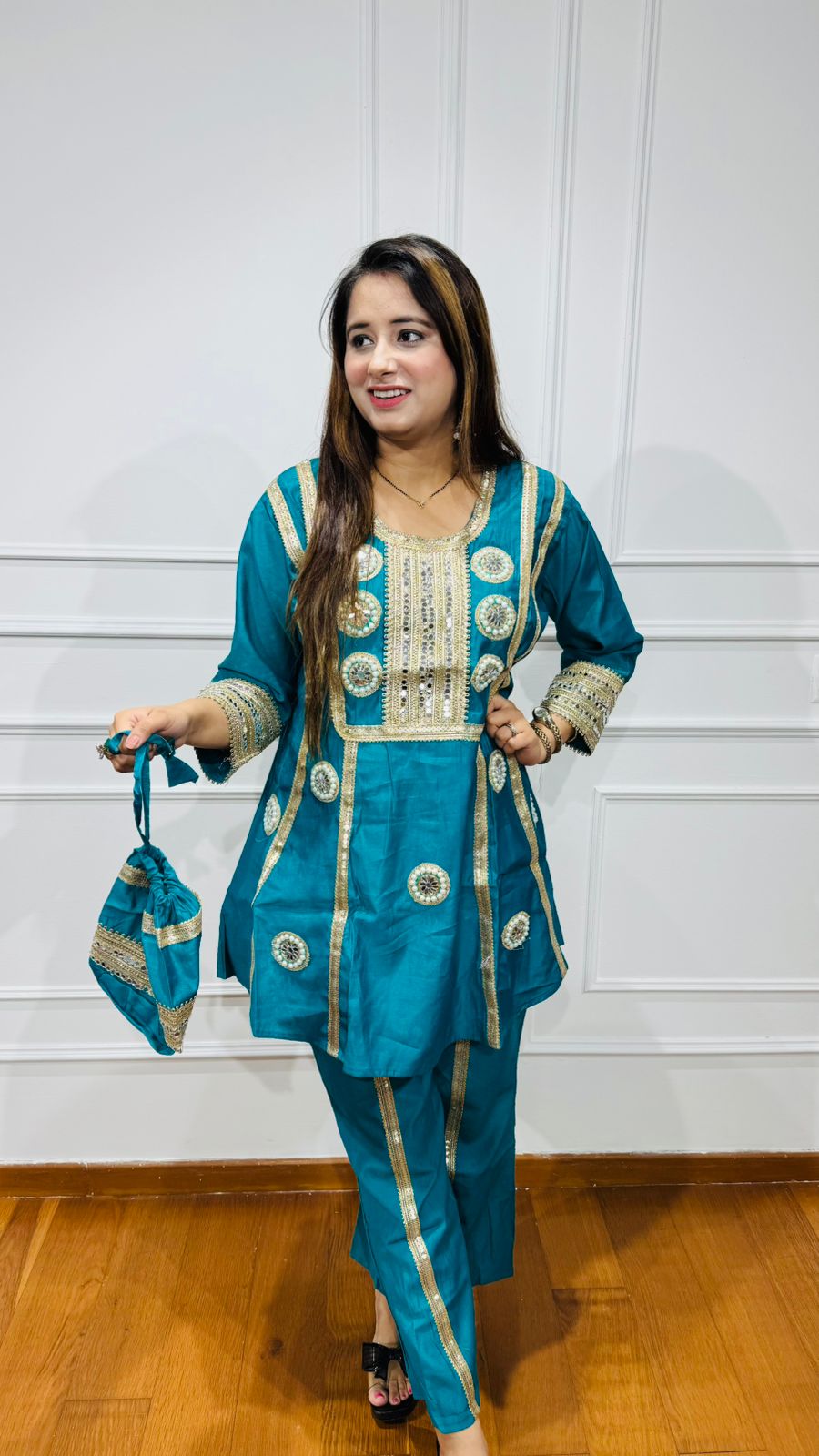 KAMNA | Teal Gota Patti Kurta Suit Set with Potli – Indian Festive Designer Wear