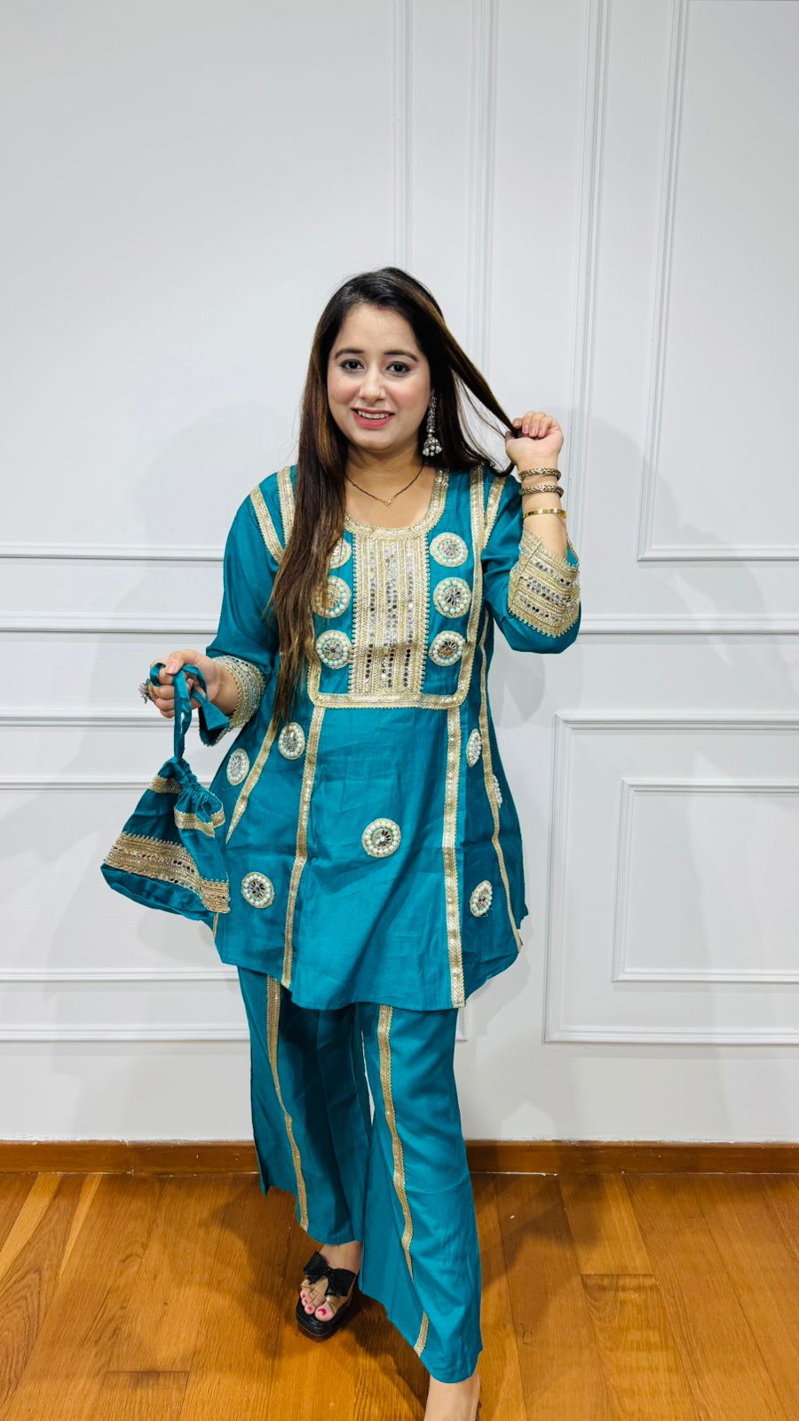 KAMNA | Teal Gota Patti Kurta Suit Set with Potli – Indian Festive Designer Wear