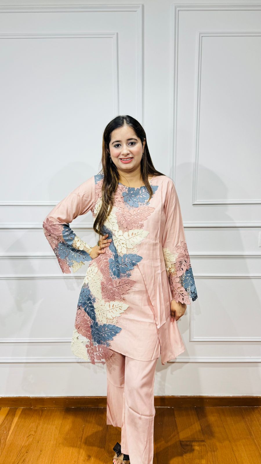 DHUNN | Blush Pink Leaf Appliqué Kurta Coordset – Casual Statement Ethnic Collection