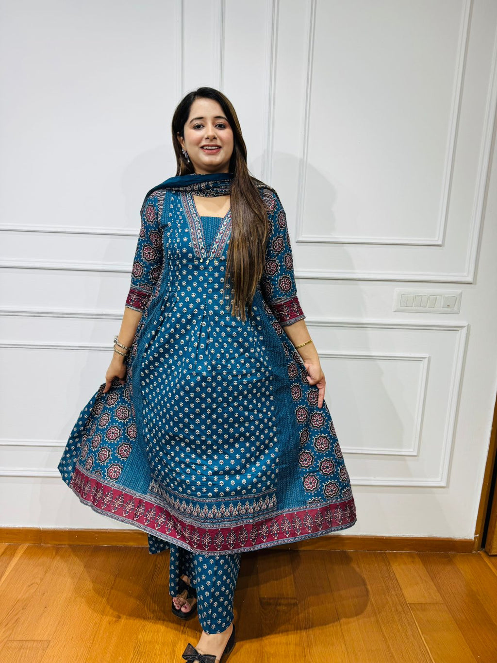 NOSHIN | Jaipur Print Blue Anarkali Suit with Cotton Dupatta – Handcrafted Ethnic Wear