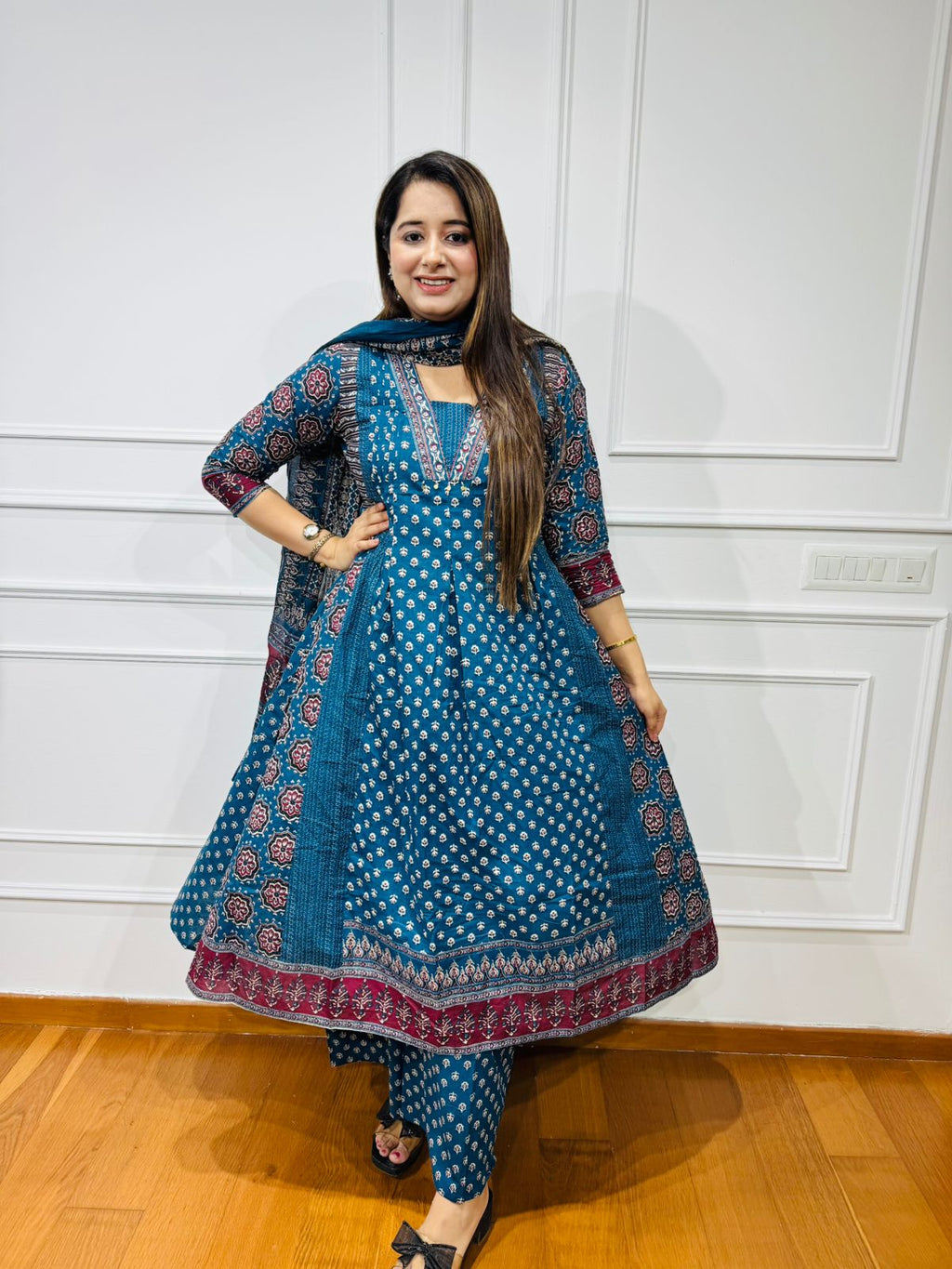 NOSHIN | Jaipur Print Blue Anarkali Suit with Cotton Dupatta – Handcrafted Ethnic Wear