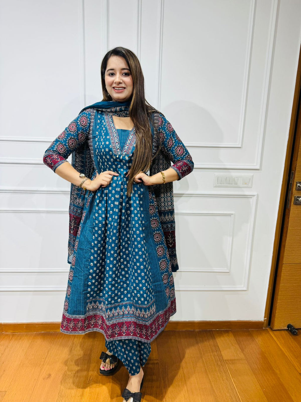 NOSHIN | Jaipur Print Blue Anarkali Suit with Cotton Dupatta – Handcrafted Ethnic Wear