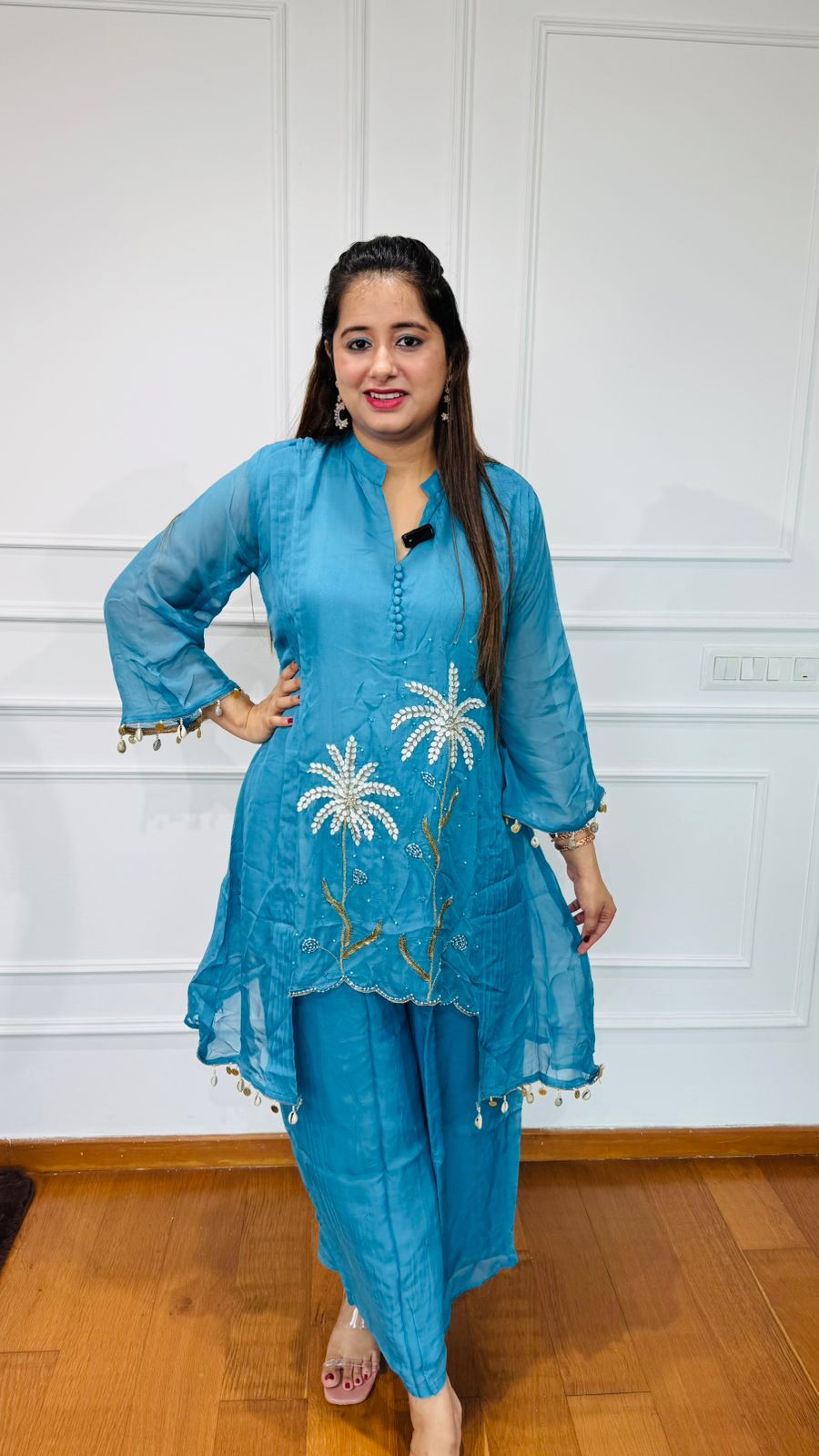 TATA | Designer Blue Organza Kurta Set – Daisy Motif Embroidery for Festive & Daywear