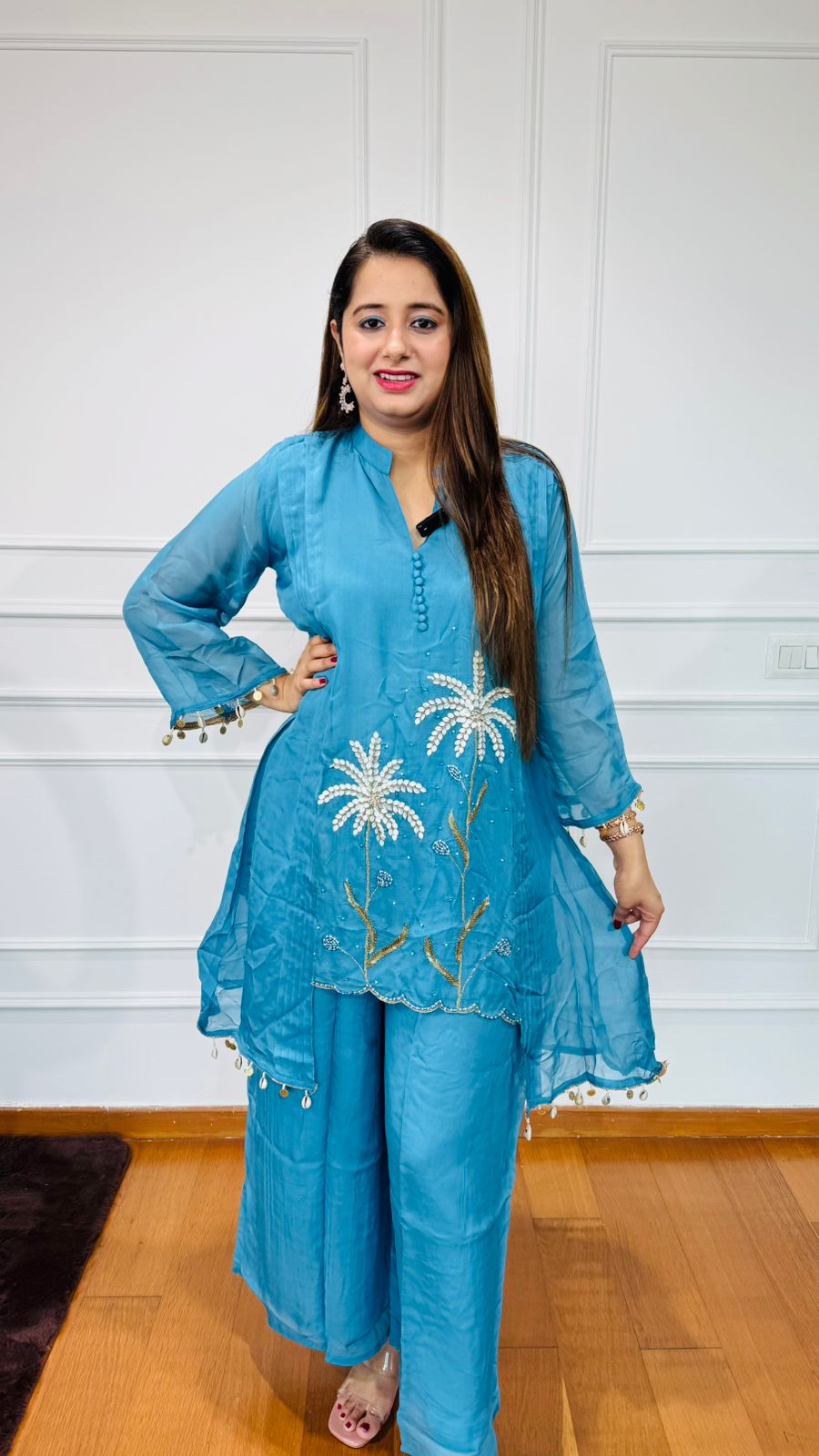 TATA | Designer Blue Organza Kurta Set – Daisy Motif Embroidery for Festive & Daywear